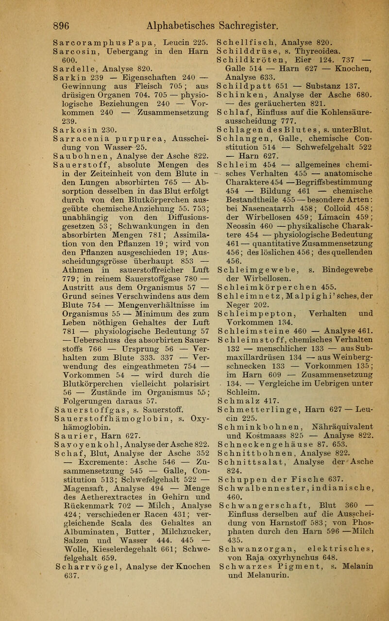 SarcoramphusPapa, Leucin 225. Sarcosin, Uebergang in den Harn 600. Sardelle, Analyse 820. Sarkin 239 — Eigenschaften 240 — Gewinnung aus Fleiscli 705; aus drüsigen Organen 704. 705 — physio- logische Beziehungen 240 — Vor- kommen 240 — Zusammensetzung 239. Sarkosin 230. Sarracenia purpurea, Ausschei- dung von Wasser- -25. Saubohnen, Analyse der Asche 822. Sauerstoff, absolute Mengen des in der Zeiteinheit von dera Blute in den Lungen absorbirten 765 — Ab- sorption desselben in das Blut erfolgt durch von den Blutkörperchen aus- geübte chemische Anziehung 55. 753; unabhängig von den Diffusions- gesetzen 53; Schwankungen in den absorbirten Mengen 781; Assimila- tion von den Pflanzen 19 ; vnrd von den Pflanzen ausgeschieden 19; Aus- scheidungsgrösse überhaupt 853 — Athmen in sauerstoflreicher Luft 779; in reinem Sauerstoffgase 780 — Austritt aus dem Organismus 57 — Glrund seines Verschwindens aus dem Blute 754 — Mengenverhältnisse im Organismus 55 — Minimum des zum Leben nöthigen Gehaltes der Luft 781 — physiologische Bedeutung 57 — Ueberschuss des absorbirten Sauer- stoffs 766 — Ursprung 56 — Ver- halten zum Blute 333. 337 — Ver- wendung des eingeathmeten 754 — Vorkommen 54 — wird durch die Blutkörperchen vielleicht polarisü-t 56 — Zustände im Organismus 53; Folgerungen daraus 57. Sauer s to ff gas , s. Sauerstoff. Sau er st off hämo gl ob in, s. Oxy- hämoglobin. Saurier, Harn 627. Sayoyenkohl, Analyse der Asche 822. Schaf, Blut, Analyse der Asche 352 — Excremente: Asche 546 — Zu- sammensetzung 545 — GaUe, Con- stitution 513; Schwefelgehalt 522 — Magensaft, Analyse 494 — Menge des Aetherextractes in Gehirn und Rückenmark 702 — Milch, Analyse 424; verschiedener Bacen 431; ver- gleichende Scala des Gehaltes an Albuminaten, Butter, Milchzucker, Salzen und Wasser 444. 445 — WoUe, Kieselerdegehalt 661; Schwe- felgehalt 659. Scharrvögel, Analyse der Knochen 637. Schellfisch, Analyse 820. Schilddrüse, s. Thyreoidea. Schildkröten, Eier 124. 737 — Galle 514 — Harn 627 — Knochen, Analyse 633. Schildpatt 651 — Substanz 137. Schinken, Analyse der Asche 680. — des geräucherten 821. Schlaf, Einfluss auf die Kohlensäure- ausscheidung 777. Schlagen desBlutes, s. unterBlut. Schlangen, Galle, chemische Con- stitution 514 — Schwefelgehalt 522 — Harn 627. Schleim 454 — allgemeines chemi- - sches Verhalten 455 — anatomische Charaktere 454 —Begriffsbestimmung 454 — Bildung 461 — chemische Bestandtheile 455—besondere Arten: bei Nasencatai-rh 458; CoUoid 458 ; der Wirbellosen 459; Limacin 459; Neossin 460 —physikalische Charak- tere 454 —physiologische Bedeutung 461 — quantitative Zusammensetzung 456; des löslichen 456; des quellenden 456. Schleimgewebe, s. Bindegewebe der Wirbellosen. Schleimkörperchen 455. Schleimnetz, Malpighi'sches, der Neger 202. Schleimpepton, Verhalten und Vorkommen 134. Schleimsteine 460 — Analyse 461. Schleimstoff, chemisches Verhalten 132 — menschlicher 133 — ausSub- maxillardrüsen 134 —aus Weinberg- schnecken 133 — Vorkommen 135; im Harn 609 — Zusammensetzung 134. — Vei'gleiche im Uebrigen unter Schleim. Schmalz 417. Schmetterlinge, Harn 627 — Leu- cin 225. Schminkbohnen, Nähräquivalent und Kostmaass 825 — Analyse 822. Schneckengehäuse 87. 653. Schnittbohnen, Analyse 822. Schnittsalat, Analyse der Asche 824. Schuppen der Fische 637. Schwalbennester,indianische, 460. Schwangerschaft, Blut 360 — Einfluss derselben auf die Ausschei- dung von Harnstoff 583; von Phos- phaten durch den Hara 596 —Milch 435. Schwanzorgan, elektrisches, von Eaja oxyrhynchus 648. Schwarzes Pigment, s. Melanin und Melanurin.