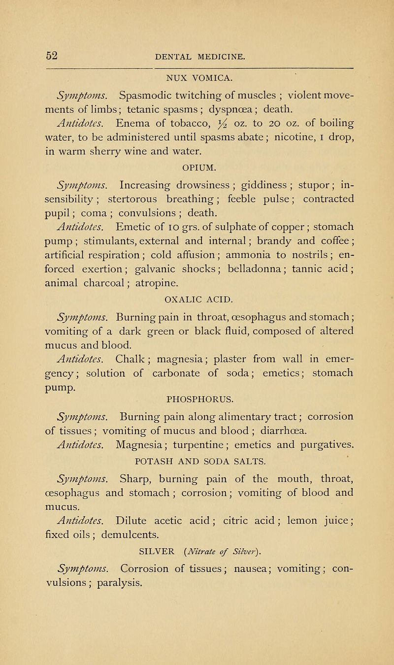 NUX VOMICA. Symptoms. Spasmodic twitching of muscles ; violent move- ments of limbs; tetanic spasms ; dyspnoea; death. Antidotes. Enema of tobacco, ^ oz. to 20 oz. of boiling water, to be administered until spasms abate; nicotine, i drop, in warm sherry wine and water. OPIUM. Symptoms. Increasing drowsiness ; giddiness ; stupor; in- sensibility ; stertorous breathing; feeble pulse; contracted pupil; coma ; convulsions ; death. Antidotes. Emetic of 10 grs. of sulphate of copper; stomach pump ; stimulants, external and internal; brandy and coffee; artificial respiration; cold affusion; ammonia to nostrils; en- forced exertion ; galvanic shocks; belladonna; tannic acid ; animal charcoal; atropine. OXALIC ACID. Symptoms. Burning pain in throat, oesophagus and stomach; vomiting of a dark green or black fluid, composed of altered mucus and blood. Antidotes. Chalk; magnesia; plaster from wall in emer- gency; solution of carbonate of soda; emetics; stomach pump. PHOSPHORUS. Symptoms. Burning pain along alimentary tract; corrosion of tissues ; vomiting of mucus and blood ; diarrhoea. Antidotes. Magnesia; turpentine; emetics and purgatives. POTASH AND SODA SALTS. Symptoms. Sharp, burning pain of the mouth, throat, oesophagus and stomach; corrosion; vomiting of blood and mucus. Antidotes. Dilute acetic acid; citric acid; lemon juice; fixed oils; demulcents. SILVER {Nitrate of Silver). Symptoms. Corrosion of tissues; nausea; vomiting; con- vulsions ; paralysis.