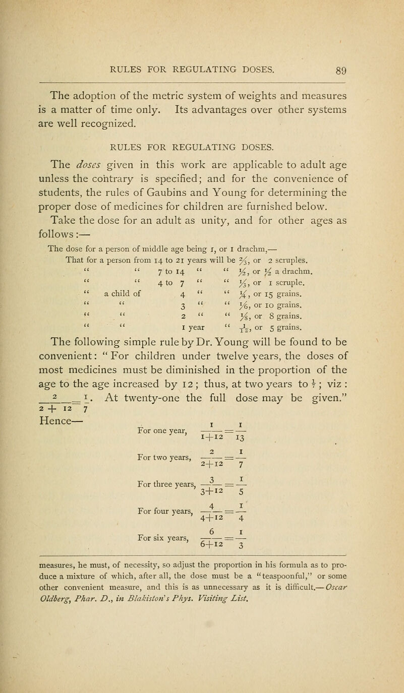 The adoption of the metric system of weights and measures is a matter of time only. Its advantages over other systems are well recognized. RULES FOR REGULATING DOSES. The doses given in this work are applicable to adult age unless the contrary is specified; and for the convenience of students, the rules of Gaubins and Young for determining the proper dose of medicines for children are furnished below. Take the dose for an adult as unity, and for other ages as follows:— The dose foi- a person of middle age being i, or I drachm,— That for a person from 14 to 21 years will be ^, or 2 scruples.   7 to 14   )4, or }4 a. drachm.   4 to 7   ^, or I scruple.  a child of 4   ){, or 15 grains.   3   y^, or 10 giains.   2   %, or 8 grains.   I year  y'j, or 5 grains. The following simple ruleby Dr. Young will be found to be convenient:  For children under twelve years, the doses of most medicines must be diminished in the proportion of the age to the age increased by 12 ; thus, at two years to r ; viz : ^ ^. At twenty-one the full dose may be given. 2+12 7 Hence— For one year, For two years, 1 I I + I2~I3 2 I 2+12 7 For three years, = — 3+12 5 For four years, = — 4+12 4 TT • 61 For six years, ^ —• 6+12 3 measures, he must, of necessity, so adjust the proportion in his formula as to pro- duce a mixture of which, after all, the dose must be a  teaspoonful, or some other convenient measure, and this is as unnecessary as it is diflicult.— Oscar Oldberg, Phar. D., in Blakiston s Phys. Visiting List.