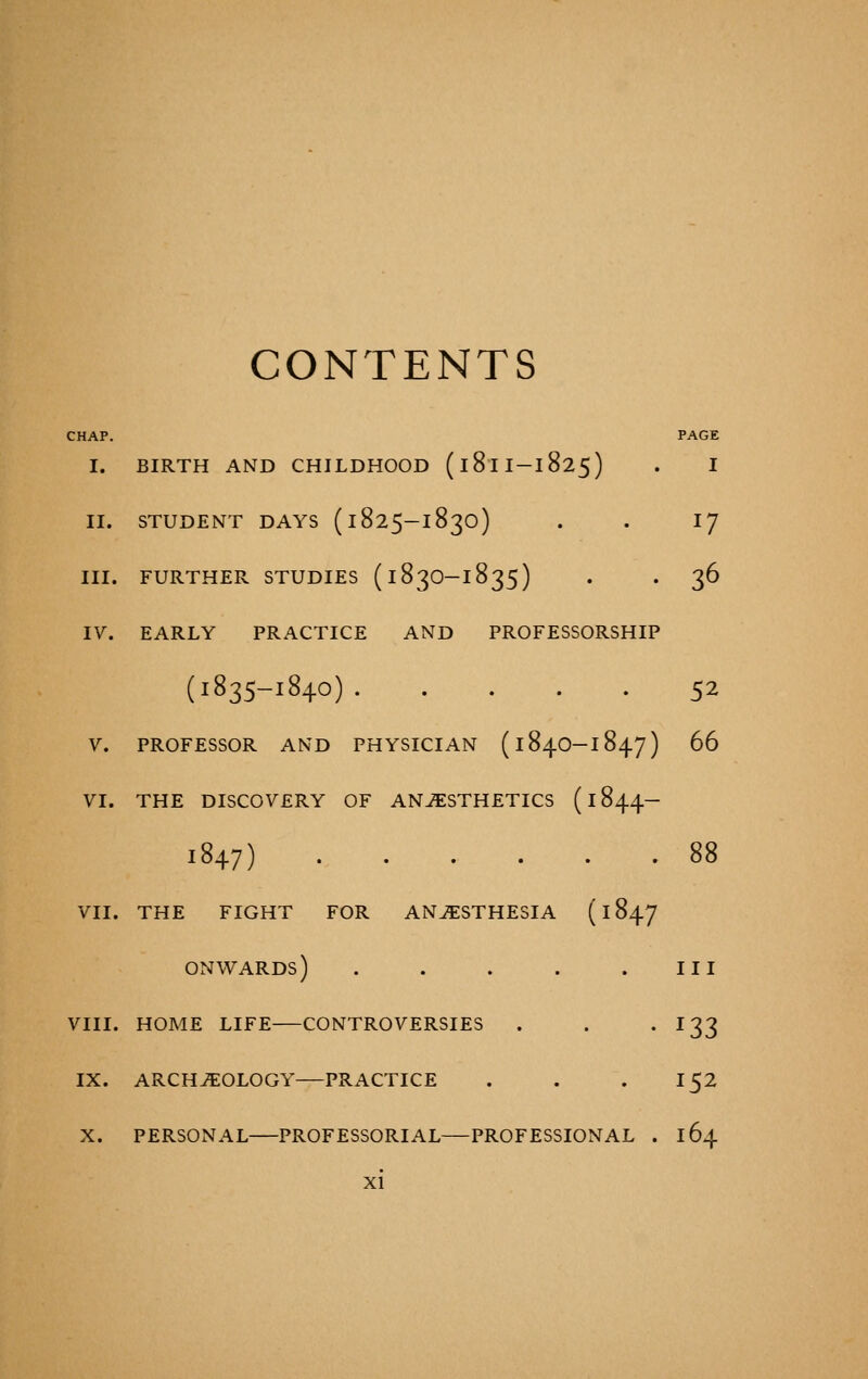 CONTENTS CHAP. PAGE I. BIRTH AND CHILDHOOD (181I-1825) . I II. STUDENT DAYS (1825-1830) . . I7 III. FURTHER STUDIES (183O-1835) . . 36 IV. EARLY PRACTICE AND PROFESSORSHIP (1835-1840) 52 V. PROFESSOR AND PHYSICIAN (184O-1847) 66 VI. THE DISCOVERY OF ANESTHETICS (1844- 1847) 88 VII. THE FIGHT FOR ANESTHESIA (1847 onwards) . . . . .Ill VIII. HOME LIFE CONTROVERSIES . . -133 IX. ARCHEOLOGY PRACTICE . . . 152 X. PERSONAL PROFESSORIAL—PROFESSIONAL . 164