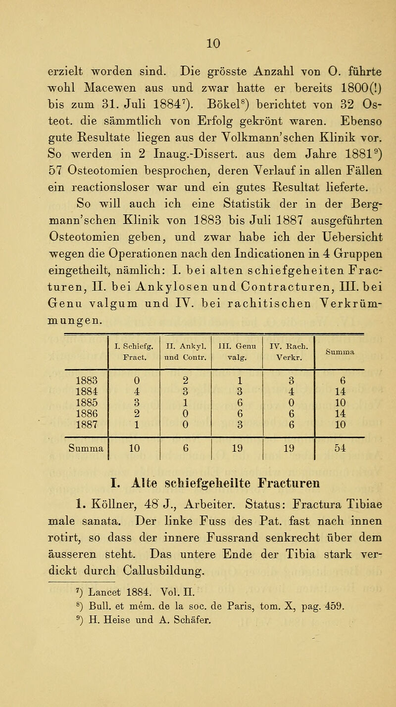 erzielt worden sind. Die grösste Anzahl von 0. führte wohl Macewen aus und zwar hatte er bereits 1800(!) bis zum 31. Juli 1884^). BökeP) berichtet von 32 Os- teot. die sämmtlich von Erfolg gekrönt waren. Ebenso gute Resultate liegen aus der Yolkmann'sehen Klinik vor. So werden in 2 Inaug.-Dissert. aus dem Jahre 1881^) 57 Osteotomien besprochen, deren Verlauf in allen Fällen ein reactionsloser war und ein gutes Resultat lieferte. So will auch ich eine Statistik der in der Berg- mann'schen Klinik von 1883 bis Juli 1887 ausgeführten Osteotomien geben, und zwar habe ich der Uebersicht wegen die Operationen nach den Indicationen in 4 Gruppen eingetheilt, nämlich: I. bei alten schief geholten Frac- turen, 11. bei Ankylosen und Contracturen, III. bei Genu valgum und IV. bei rachitischen Verkrüm- mungen. I. Schiefg. IL Ankyl. III. Genu IV. Räch. Fract. und Conti'. valg. Verkr. 1883 0 2 1 3 6 1884 4 3 8 4 14 1885 3 1 6 0 10 1886 2 0 6 6 14 1887 1 0 3 6 10 Summa 10 6 19 19 54 I. Alte schiefgeheilte Fractiiren 1. Köllner, 48 J., Arbeiter. Status: Fractura Tibiae male sanata. Der linke Fuss des Pat. fast nach innen rotirt, so dass der innere Fussrand senkrecht über dem äusseren steht. Das untere Ende der Tibia stark ver- dickt durch Callusbildung. >) Lancet 1884. Vol. H. ^) Bull, et mem. de la soc. de Paris, tom. X, pag. 459. ^) H. Heise und A. Schäfer.