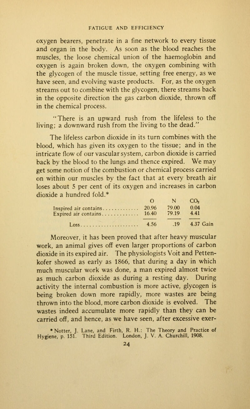oxygen bearers, penetrate in a fine network to every tissue and organ in the body. As soon as tiie blood reaches the muscles, the loose chemical union of the haemoglobin and oxygen is again broken down, the oxygen combining with the glycogen of the muscle tissue, setting free energy, as we have seen, and evolving waste products. For, as the oxygen streams out to combine with the glycogen, there streams back in the opposite direction the gas carbon dioxide, thrown off in the chemical process. There is an upward rush from the lifeless to the living; a downward rush from the living to the dead. The lifeless carbon dioxide in its turn combines with the blood, which has given its oxygen to the tissue; and in the intricate flow of our vascular system, carbon dioxide is carried back by the blood to the lungs and thence expired. We may get some notion of the combustion or chemical process carried on within our muscles by the fact that at every breath air loses about 5 per cent of its oxygen and increases in carbon dioxide a hundred fold.* O N CO2 Inspired air contains 20.96 79.00 0.04 Expired air contains 16.40 79.19 4.41 Loss 4.56 .19 4.37 Gain Moreover, it has been proved that after heavy muscular work, an animal gives off even larger proportions of carbon dioxide in its expired air. The physiologists Voit and Petten- kofer showed as early as 1866, that during a day in which much muscular work was done, a man expired almost twice as much carbon dioxide as during a resting day. During activity the internal combustion is more active, glycogen is being broken down more rapidly, more wastes are being thrown into the blood, more carbon dioxide is evolved. The wastes indeed accumulate more rapidly than they can be carried off, and hence, as we have seen, after excessive exer- * Notter, J. Lane, and Firth, R. H.: The Theory and Practice of Hygiene, p. 151. Third Edition. London, J. V. A. Churchill, 1908.