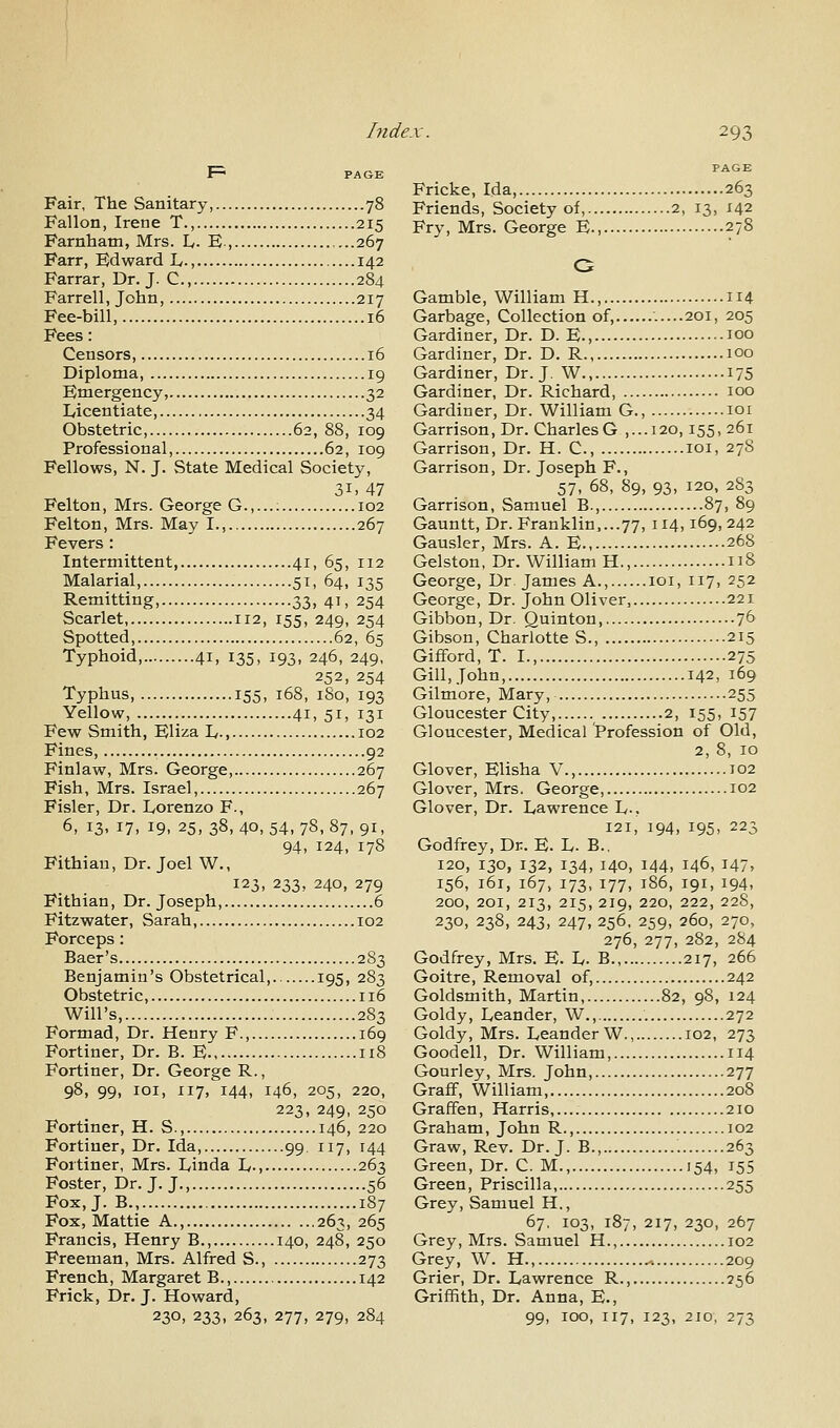 Fair, The Sanitary, 78 Fallon, Irene T., 215 Farnham, Mrs. L. E-, 267 Farr, Edward L-, 142 Farrar, Dr. J. C, 284 Farrell, John, 217 Fee-bill, 16 Fees: Censors, 16 Diploma, 19 Emergency, 32 Licentiate, 34 Obstetric, 62, 88, 109 Professional, 62, 109 Fellows, N. J. State Medical Society, 31.47 Felton, Mrs. George G.,...: 102 Felton, Mrs. May I., 267 Fevers : Intermittent, 41, 65, 112 Malarial, 51, 64, 135 Remitting, 33, 41, 254 Scarlet, 112, 155, 249, 254 Spotted, 62, 65 Typhoid, 41, 135, 193, 246, 249, 252, 254 Typhus, 155, 168, 180, 193 Yellow, 41, 51, 131 Few Smith, Eliza L., 102 Fines, 92 Finlaw, Mrs. George, 267 Fish, Mrs. Israel, 267 Fisler, Dr. Lorenzo F., 6, 13, 17, 19, 25, 38, 40, 54, 78, 87, 91, 94, 124, 178 Fithiau, Dr. Joel W., 123, 233, 240, 279 Fithian, Dr. Joseph, 6 Fitzwater, Sarah, 102 Forceps: Baer's 283 Benjamin's Obstetrical, 195, 283 Obstetric, 116 Will's, 283 Formad, Dr. Henry F., 169 Fortiner, Dr. B. E 118 Fortiner, Dr. George R., 98, 99, 101, 117, 144, 146, 205, 220, 223, 249, 250 Fortiner, H. S., 146, 220 Fortiner, Dr. Ida, 99. 117, 144 Fortiner, Mrs. Linda L 263 Foster, Dr. J. J., 56 Fox,J. B 187 Fox, Mattie A., 263, 265 Francis, Henry B., 140, 248, 250 Freeman, Mrs. Alfred S., 273 French, Margaret B., 142 Frick, Dr. J. Howard, 230, 233, 263, 277, 279, 284 Fricke, Ida, 263 Friends, Society of, 2, 13, 142 Fry, Mrs. George E., 278 Gamble, William H., 114 Garbage, Collection of, .....201, 205 Gardiner, Dr. D. E., 100 Gardiner, Dr. D. R., 100 Gardiner, Dr. J. W., 175 Gardiner, Dr. Richard, 100 Gardiner, Dr. William G., 101 Garrison, Dr. CharlesG ,...120,155,261 Garrison, Dr. H. C, 101, 278 Garrison, Dr. Joseph F., 57, 68, 89, 93, 120, 283 Garrison, Samuel B., 87, 89 Gauntt, Dr. Franklin,...77, 114,169,242 Gausler, Mrs. A. E., 268 Gelston, Dr. William H., 118 George, Dr James A., 101, 117, 252 George, Dr. John Oliver, 221 Gibbon, Dr. Quinton, 76 Gibson, Charlotte S., 215 Gifford, T. I., 275 Gill, John, 142, 169 Gilmore, Mary, 255 Gloucester City, 2, 155, 157 Gloucester, Medical Profession of Old, 2, 8, 10 Glover, Elisha V., T02 Glover, Mrs. George, 102 Glover, Dr. Lawrence L-, 121, 194, i95> 223 Godfrey, Dr. E. L. B., 120, 130, 132, 134, 140, 144, 146, I47> 156, 161, 167, 173, 177, 186, 191, 194, 200, 201, 213, 215, 219, 220, 222, 228, 230, 238, 243, 247, 256, 259, 260, 270, 276, 277, 282, 284 Godfrey, Mrs. E. L. B., 217, 266 Goitre, Removal of, 242 Goldsmith, Martin, 82, 98, 124 Goldy, Leander, W., 272 Goldy, Mrs. Leander W., 102, 273 Goodell, Dr. William, 114 Gourley, Mrs. John, 277 Graff, William, 208 Graffen, Harris 210 Graham, John R., 102 Graw, Rev. Dr. J. B., 263 Green, Dr. C. M., 154, 155 Green, Priscilla, 255 Grey, Samuel H., 67, 103, 187, 217, 230, 267 Grey, Mrs. Samuel H., 102 Grey, W. H., .-. 209 Grier, Dr. Lawrence R 256 Griffith, Dr. Anna, E., 99, 100, 117, 123, 210, 273