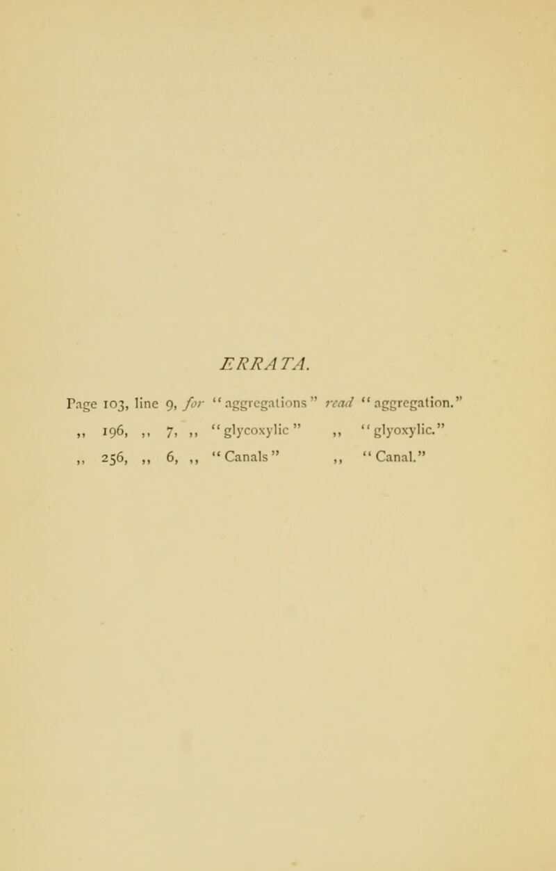 ERR A TA. Tage 103, line 9, for aggregations read  aggregation. ,, 196, ,, 7, ,, glycoxylic ,,  glyoxylic. ,, 256, „ 6, ,, Canals ,, Canal.