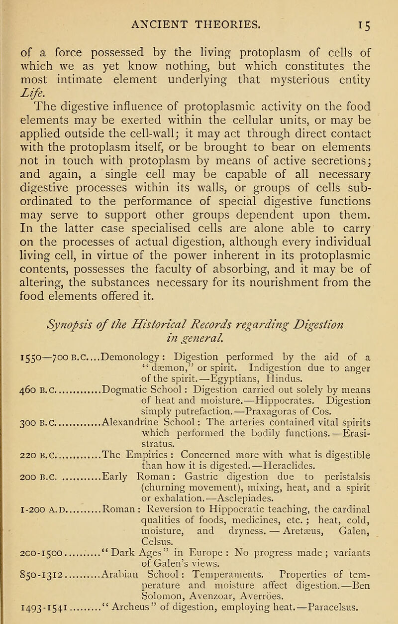 of a force possessed by the living protoplasm of cells of which we as yet know nothing, but which constitutes the most intimate element underlying that mysterious entity Life. The digestive influence of protoplasmic activity on the food elements may be exerted within the cellular units, or may be applied outside the cell-wall; it may act through direct contact with the protoplasm itself, or be brought to bear on elements not in touch with protoplasm by means of active secretions; and again, a single cell may be capable of all necessary digestive processes within its walls, or groups of cells sub- ordinated to the performance of special digestive functions may serve to support other groups dependent upon them. In the latter case specialised cells are alone able to carry on the processes of actual digestion, although every individual living cell, in virtue of the power inherent in its protoplasmic contents, possesses the faculty of absorbing, and it may be of altering, the substances necessary for its nourishment from the food elements offered it. Synopsis of the Historical Records regarding Digestion in general. 1550—700 B.C. ...Demonology: Digestion performed by the aid of a.  doemon, or spirit. Indigestion due to anger of the spirit.—Egyptians, Hindus. 460 B.C Dogmatic School: Digestion carried out solely by means of heat and moisture.—Hippocrates. Digestion simply putrefaction.—Praxagoras of Cos. 300 B.C Alexandrine School: The arteries contained vital spirits which performed the bodily functions.—Erasi- stratus. 220 B.C The Empirics: Concerned more with what is digestible than how it is digested.—Heraclides. 200 B.C Early Roman: Gastric digestion due to peristalsis (churning movement), mixing, heat, and a spirit or exhalation.—Asclepiades. 1-200 A.D Roman: Reversion to Hippocratic teaching, the cardinal qualities of foods, medicines, etc. ; heat, cold, moisture, and dryness. — Aretseus, Galen, Celsus. 2CO-1500 Dark Ages in Europe: No progress made; variants of Galen's views. 850-1312 Arabian School: Temperaments. Properties of tem- perature and moisture affect digestion.—Ben Solomon, Avenzoar, Averroes. 1493-1541  Archeus of digestion, employing heat.—Paracelsus.