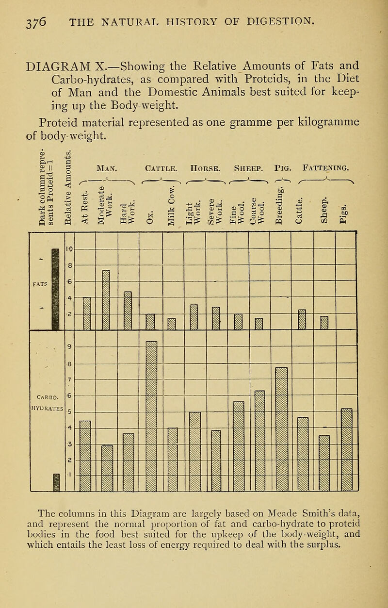 DIAGRAM X.—Showing the Relative Amounts of Fats and Carbo-hydrates, as compared with Proteids, in the Diet of Man and the Domestic Animals best suited for keep- ing up the Body-weight. Proteid material represented as one gramme per kilogramme of body-weight. gs g 31= * On, > R « P3 Man. •ci £ it Cattle. Horse. Sheep. Pig. Fattening. SCO Si •a 3 et >$ >S > o c o «s o carbo- hydrates ^ _J L _1 1 .: L_ .. r:: J .,; The columns in this Diagram are largely based on Meade Smith's data, and represent the normal proportion of fat and carbo-hydrate to proteid bodies in the food best suited for the upkeep of the body-weight, and which entails the least loss of energy required to deal with the surplus.