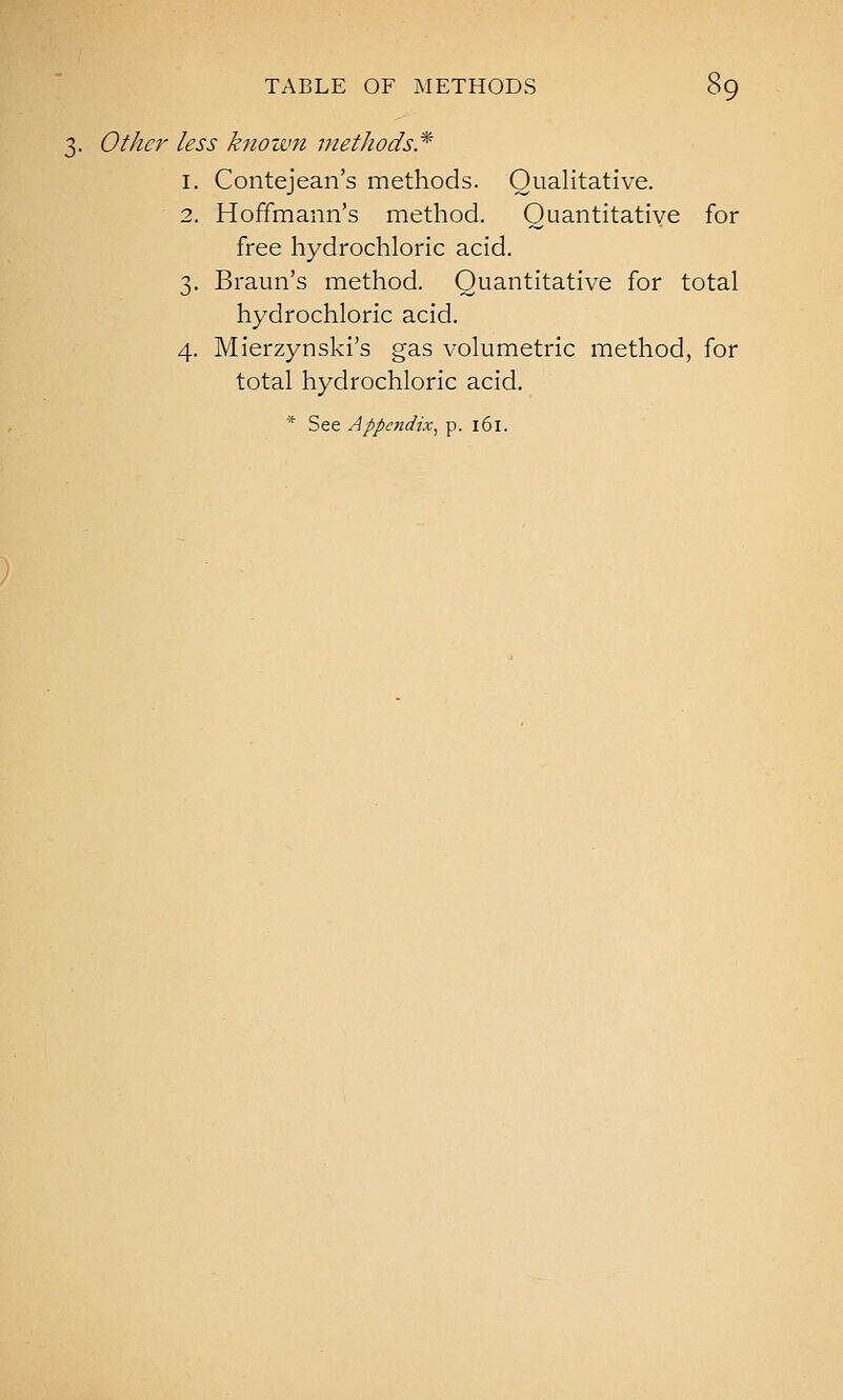 3. Otha^ less knoivn inetJiods* 1. Contejean's methods. Qualitative. 2. Hoffmann's method. Quantitative for free hydrochloric acid. 3. Braun's method. Quantitative for total hydrochloric acid. 4. Mierzynski's gas volumetric method, for total hydrochloric acid. * See Appe7tdix^ p. 161.