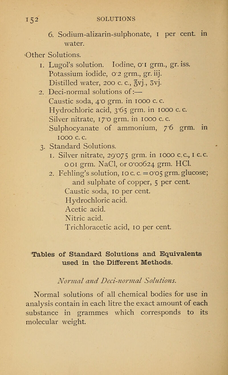6. Sodium-alizarin-sulphonate, i per cent, in water. •Other Solutions. 1. Lugol's solution. Iodine, OT grm., gr. iss. Potassium iodide, 02 grm., gr. iij. Distilled water, 200 c. c, §vj., 3vj. 2. Deci-normal solutions of:— Caustic soda, 4-0 grm. in lOOO c. c. Hydrochloric acid, 3'65 grm. in lOOO c. c. Silver nitrate, lyo grm. in lOOO c. c. Sulphocyanate of ammonium, y6 grm. in 1000 c. c. 3. Standard Solutions. 1. Silver nitrate, 29-075 grm. in lOOO c.c, i c.c. 001 grm. NaCl, or 0'Oo624 grm. HCl. 2. Fehling's solution, loc. c. =0-05 grm. glucose; and sulphate of copper, 5 per cent. Caustic soda, 10 per cent. Hydrochloric acid. Acetic acid. Nitric acid. Trichloracetic acid, 10 per cent. Tables of Standard Solutions and Equivalents used in the Different Methods. Normal and Deci-normal Solutions. Normal solutions of all chemical bodies for use in analysis contain in each litre the exact amount of each substance in grammes which corresponds to its molecular weight.