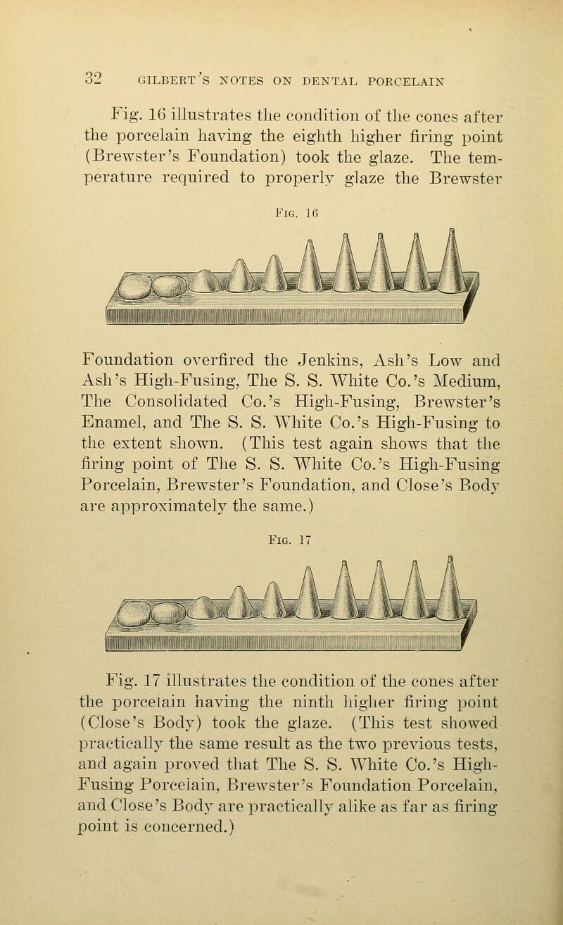 Fig. 16 illustrates the condition of the cones after the porcelain having the eighth higher firing point (Brewster's Foundation) took the glaze. The tem- perature required to properly glaze the Brewster Fig. Ifi Foundation overtired the Jenkins, Ash's Low and Ash's High-Fusing, The S. S. White Co.'s Medium, The Consolidated Co.'s High-Fusing, Brewster's Enamel, and The S. S. White Co.'s High-Fusing to the extent shown. (This test again shows that the firing point of The S. S. White Co.'s High-Fusing Porcelain, Brewster's Foundation, and Close's Body are approximately the same.) Fig. 17 Fig. 17 illustrates the condition of the cones after the porcelain having the ninth higher firing point (Close's Body) took the glaze. (This test showed practically the same result as the two previous tests, and again proved that The S. S. White Co.'s High- Fusing Porcelain, Brewster's Foundation Porcelain, and Close's Body are practically alike as far as firing point is concerned.)