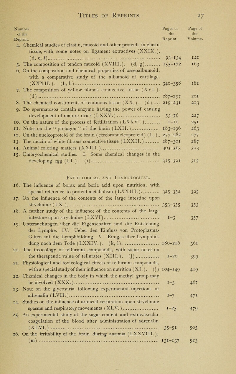 Number Pages of Page of of the the the Beprint. Reprint. Volume. 4. Chemical studies of elastin, mucoid and other proteids in elastic tissue, with some notes on ligament extractives (XXIX.). (d, e, f) 93-134 121 5. The composition of tendon mucoid (XVIII.). (d, g) 155-172 163 6. On the composition and chemical properties of osseoalbumoid, with a comparative study of the albumoid of cartilage. (XXXIL). (b, h) 340-358 181 7. The composition of yellow fibrous connective tissue (XVI.). (d) 287-297 201 8. The chemical constituents of tendmous tissue (XX.). (d) 219-231 213 9. Do spermatozoa contain enzyme having the power of causing development of mature ova? (LXXV.) 53~76 227 10. On the nature of the process of fertilization (LXKVI.) i-ii 251 11. Notes on the  protagon  of the brain (LXII.) 183-196 263 12. On thenucleoproteid of the brain (cerebronucleoproteid) (L.).. 277-285 277 13. The mucin of white fibrous connective tissue (LXXIT.) 287-301 287 14. Animal coloring matters (XXIII.) 303-313 303 15. Embryochemical studies. I. Some chemical changes in the developing egg (LI.), (i) 315-321 3I5 Pathological and Toxicological. 16. The influence of borax and boric acid upon nutrition, with special reference to proteid metabolism (LXXIIL) 325-352 325 17. On the influence of the contents of the large intestine upon strychnine (LX.) 353-355 353 18. A further study of the influence of the contents of the large intestine upon strychnine (LXVI) I-3 357 19. Untersuchungen iiber die Eigenschaften und die Entstehung der Lymphe. IV. Ueber den Einfluss von Protoplasma- Giften auf die Lymphbildung. V. Einiges iiber Lymphbil- dungnach demTode (LXXIV.). (k, 1) 180-216 361 20. The toxicology of tellurium compounds, with some notes on the therapeutic value of tellurates (XIII.), (j) 1-20 399 21. Physiological and toxicological effects of tellurium compounds, witha special studyoftheirinfluence on nutrition (XL), (j) 104-149 419 22. Chemical changes in the body in which the methyl group may beinvolved (XXX.) 1-3 467 23. Note on the glycosuria following experimental injections of adrenalin (LVII.) 1-7 47i 24. Studies on the influence of artificial respiration upon strychnine spasms and respiratory movements (XLV.) 1-25 479 25. An experimental study of the sugar content and extravascular coagulation of the blood after administration of adrenalin (XLVI.) 35-51 505 26. On the irritability of the brain during ansemia (LXXVIIL). (m) 131-137 523