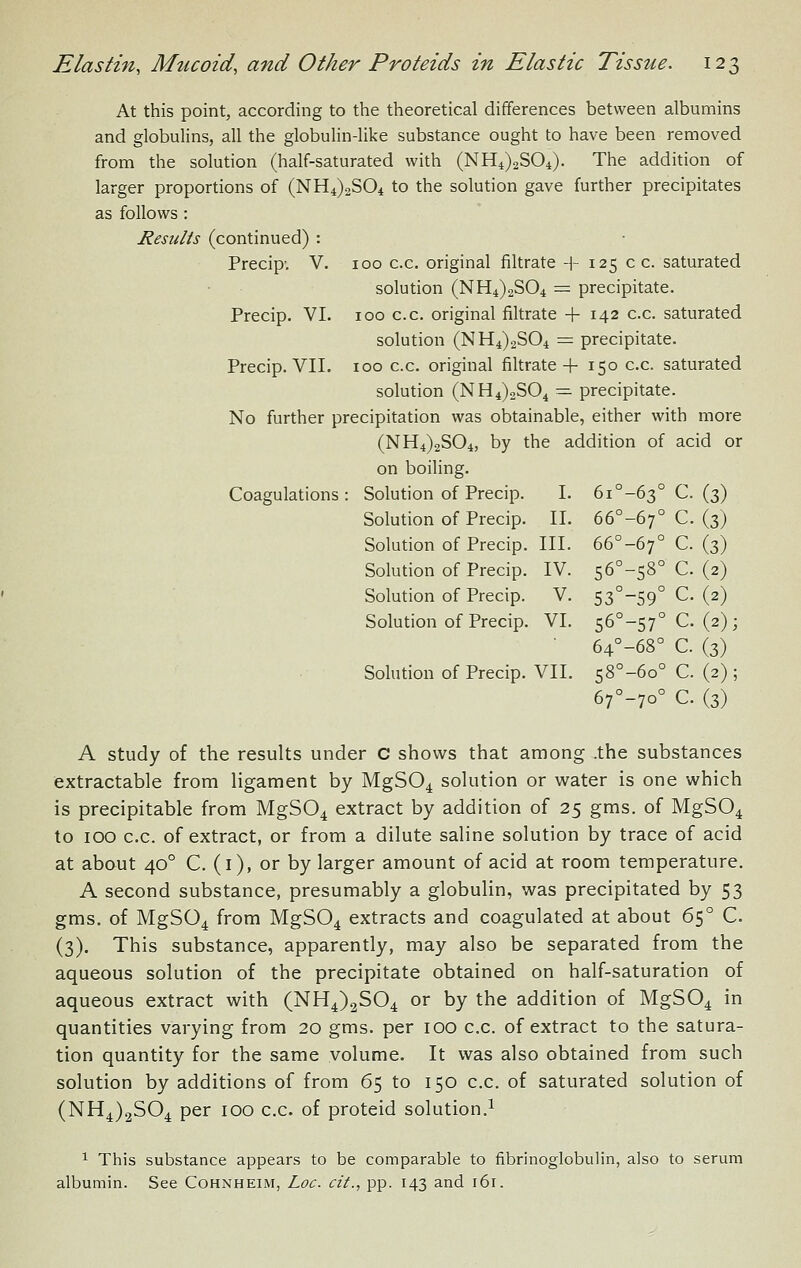 At this point, according to the theoretical differences between albumins and globulins, all the globulin-like substance ought to have been removed from the solution (half-saturated with (NH4)2S04). The addition of larger proportions of (NH4)2S04 to the solution gave further precipitates as follows : Results (continued) : Precip-. V. 100 c.c. original filtrate + 125 c c. saturated solution (NH4)2S04 = precipitate. Precip. VI. 100 c.c. original filtrate +142 c.c. saturated solution (N 114)2804 = precipitate. Precip. VII. 100 c.c. original filtrate + 150 c.c. saturated solution (N 114)2304 ~ precipitate. No further precipitation was obtainable, either with more (N 114)2804, by the addition of acid or on boiling. Coagulations: 8olution of Precip. I. 6i°-63° C. (3) 8olution of Precip. II. 66°-67° C. (3) Solution of Precip. III. 66°-67° C. (3) Solution of Precip. IV. 56°-s8° C (2) Solution of Precip. V. 53°-59° C. (2) Solution of Precip. VI. 56°-57° C. (2); 64°-68° C. (3) Solution of Precip. VII. 58°-6o° C. (2) ; 67°-7o° C. (3) A study of the results under C shows that among .the substances extractable from ligament by MgSO^ solution or water is one which is precipitable from MgSO^ extract by addition of 25 gms. of MgS04 to 100 c.c. of extract, or from a dilute saline solution by trace of acid at about 40° C. (i), or by larger amount of acid at room temperature. A second substance, presumably a globulin, was precipitated by 53 gms. of MgSO^ from MgSO^ extracts and coagulated at about 65° C. (3). This substance, apparently, may also be separated from the aqueous solution of the precipitate obtained on half-saturation of aqueous extract with (NH4)2S04 or by the addition of MgSO^ in quantities varying from 20 gms. per 100 c.c. of extract to the satura- tion quantity for the same volume. It was also obtained from such solution by additions of from 65 to 150 c.c. of saturated solution of (NH4)2S04 per 100 c.c. of proteid solution.^ 1 This substance appears to be comparable to fibrinoglobulin, also to serum albumin. See Cohnheim, Loc. cit., pp. 143 and 161.