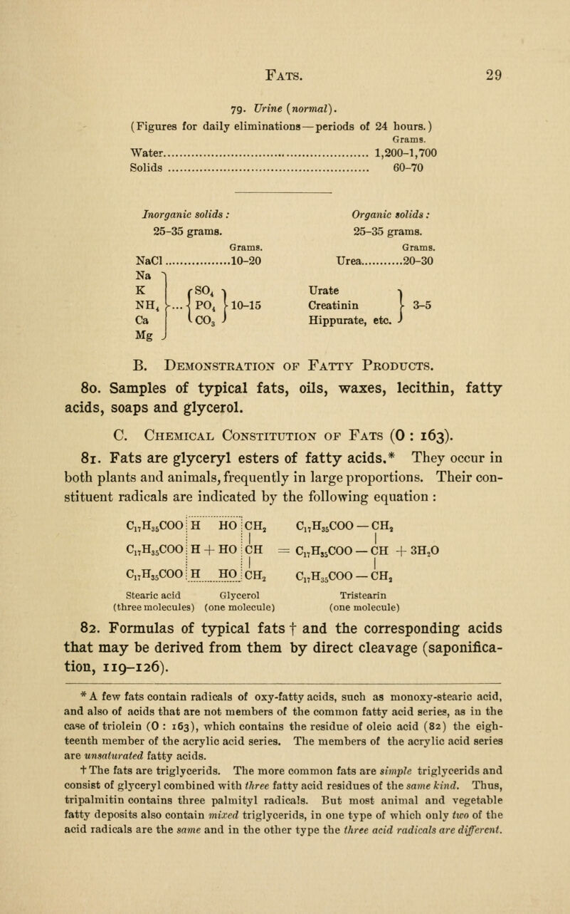 7g. Urine {normal). (Figures for daily eliminations — periods of 24 hours.) Grams. Water 1,200-1,700 Solids 60-70 Inorganic solids . Org ajiic solids : 25-35 grams. 25- 35 grams. Grams. Grams. NaCl .10-20 Urea.. ..20-30 Na ^ K (■SO, 1 Urate 1 NH, L.jpo, ►10-15 Creatinin }■ 3-5 Ca IcOs J Hippurate, etc. J Mg J B. Demonstration of Fatty Products. 80. Samples of typical fats, oils, waxes, lecithin, fatty acids, soaps and glycerol. C. Chemical Constitution of Fats (0 : 163). 81. Fats are glyceryl esters of fatty acids,* They occur in both plants and animals, frequently in large proportions. Their con- stituent radicals are indicated by the following equation : C„H..COO|H HO^CH. C.,H„COO-CH. C17H35COO i H + HO : CH = C17HS5COO — CH + 3H,0 C17H35COO i H HO J CH, C17H35COO — CH, Stearic acid Glycerol Tristearin (three molecules) (one molecule) (one molecule) 82. Formulas of typical fats f and the corresponding acids that may be derived from them by direct cleavage (saponifica- tion, 119-126). * A few fats contain radicals of oxy-fatty acids, such as monoxy-steario acid, and also of acids that are not members of the common fatty acid series, as in the case of triolein (0 : 163), which contains the residue of oleic acid (82) the eigh- teenth member of the acrylic acid series. The members of the acrylic acid series are unsaturated fatty acids. t The fats are triglycerids. The more common fats are simple triglycerids and consist of glyceryl combined with tJiree fatty acid residues of the same kind. Thus, tripalmitin contains three palmityl radicals. But most animal and vegetable fatty deposits also contain mixed triglycerids, in one type of which only iico of the acid radicals are the same and in the other type the three acid radicals are different.