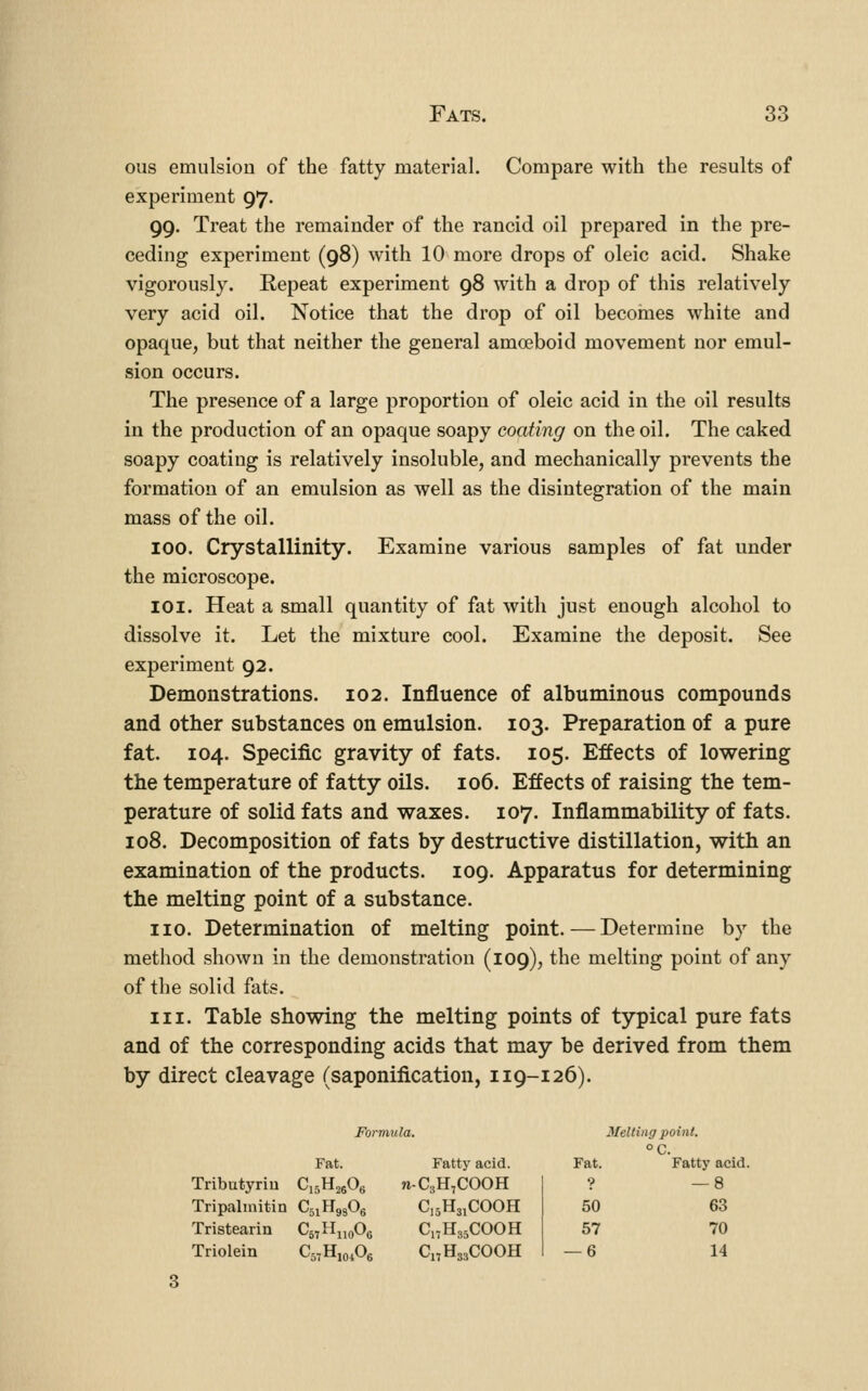 ous emulsiou of the fatty material. Compare with the results of experiment 97. 99. Treat the remainder of the rancid oil prepared in the pre- ceding experiment (98) with 10 more drops of oleic acid. Shake vigorously. Repeat experiment 98 with a drop of this relatively very acid oil. Notice that the drop of oil becomes white and opaque, but that neither the general amoeboid movement nor emul- sion occurs. The presence of a large proportion of oleic acid in the oil results in the production of an opaque soapy coating on the oil. The caked soapy coating is relatively insoluble, and mechanically prevents the formation of an emulsion as well as the disintegration of the main mass of the oil. 100. Crystallinity. Examine various samples of fat under the microscope. lOi. Heat a small quantity of fat with just enough alcohol to dissolve it. Let the mixture cool. Examine the deposit. See experiment 92. Demonstrations. 102. Influence of albuminous compounds and other substances on emulsion. 103. Preparation of a pure fat. 104. Specific gravity of fats. 105. Effects of lowering the temperature of fatty oils. 106. Effects of raising the tem- perature of solid fats and waxes. 107. Inflammability of fats. 108. Decomposition of fats by destructive distillation, with an examination of the products. 109. Apparatus for determining the melting point of a substance. no. Determination of melting point. — Determine by the method shown in the demonstration (109), the melting point of any of the solid fats. III. Table showing the melting points of typical pure fats and of the corresponding acids that may be derived from them by direct cleavage (saponification, 119-126). Formula. Melting point. Fat. Fatty acid. Fat. ° C. Fatty acid Tributyriu CisHjsOg n-C3H,C00H 9 — 8 Tripalinitin CaiHggOg C,5H3iCOOH 50 63 Tristearin t'57 hqOg CnHgsCOOH 57 70 Triolein CoiHioiOe CnHooCOOH — 6 14