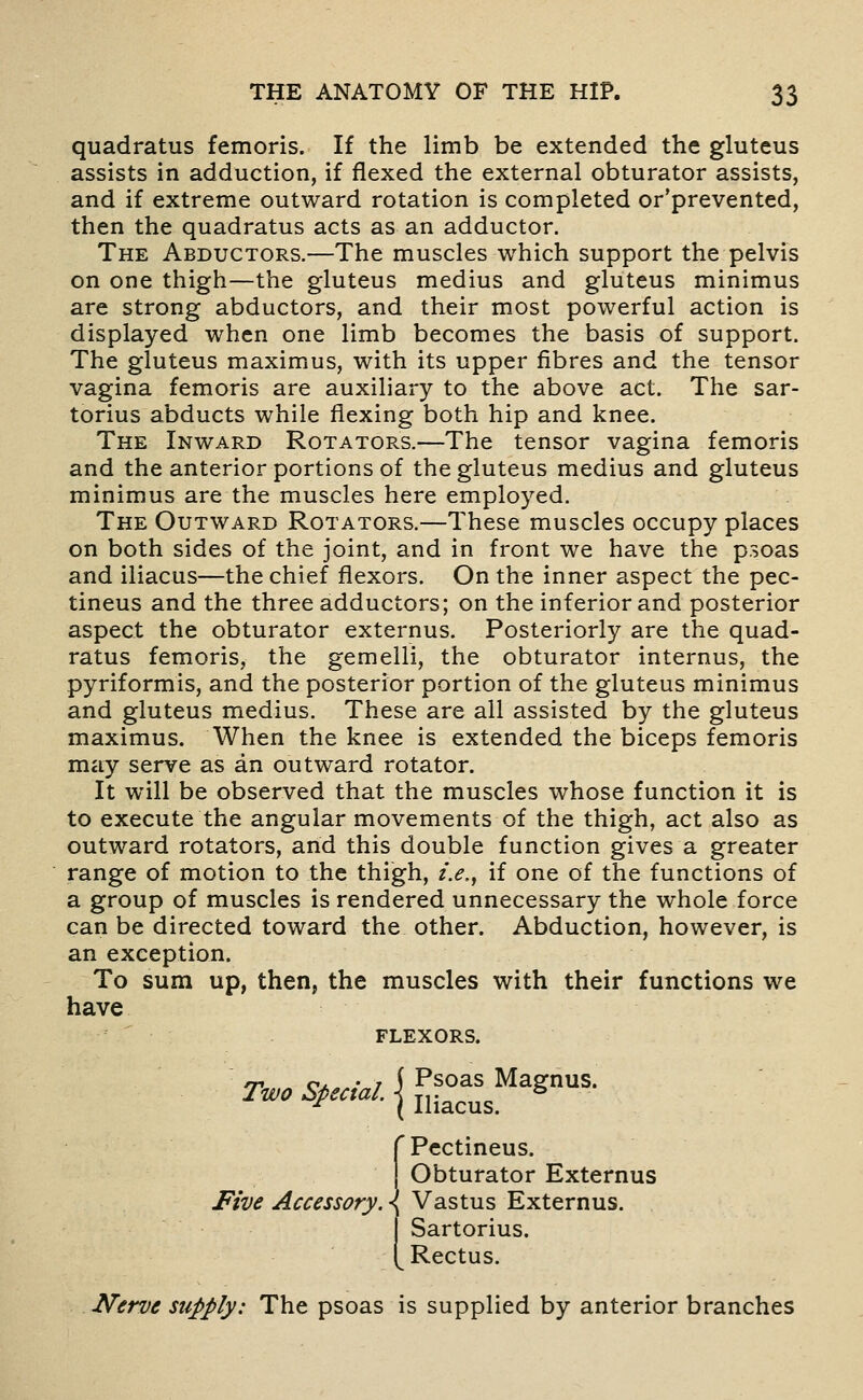 quadratus femoris. If the limb be extended the gluteus assists in adduction, if flexed the external obturator assists, and if extreme outward rotation is completed or'prevented, then the quadratus acts as an adductor. The Abductors.—The muscles which support the pelvis on one thigh—the gluteus medius and gluteus minimus are strong abductors, and their most powerful action is displayed when one limb becomes the basis of support. The gluteus maximus, with its upper fibres and the tensor vagina femoris are auxiliary to the above act. The sar- torius abducts while flexing both hip and knee. The Inward Rotators.—The tensor vagina femoris and the anterior portions of the gluteus medius and gluteus minimus are the muscles here employed. The Outward Rotators.—These muscles occupy places on both sides of the joint, and in front we have the psoas and iliacus—the chief flexors. On the inner aspect the pec- tineus and the three adductors; on the inferior and posterior aspect the obturator externus. Posteriorly are the quad- ratus femoris, the gemelli, the obturator internus, the pyriformis, and the posterior portion of the gluteus minimus and gluteus medius. These are all assisted by the gluteus maximus. When the knee is extended the biceps femoris may serve as an outward rotator. It will be observed that the muscles whose function it is to execute the angular movements of the thigh, act also as outward rotators, and this double function gives a greater range of motion to the thigh, /.<?., if one of the functions of a group of muscles is rendered unnecessary the whole force can be directed toward the other. Abduction, however, is an exception. To sum up, then, the muscles with their functions we have flexors. ''Pectineus. Obturator Externus Five Accessory, i Vastus Externus. I Sartorius. [Rectus. . Nerve supply: The psoas is supplied by anterior branches