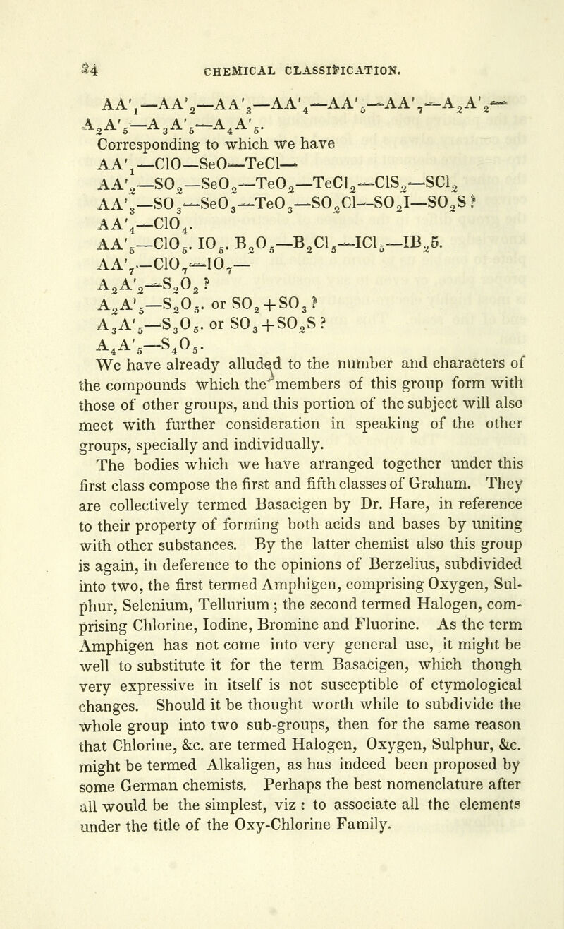 AA'j— AA}2— AA'3— AA'4— AA'_— AA'7—A2A'a- A2AV—A3A'5— A4AV Corresponding to which we have S> AA'r -C10- -SeO- —TeCl— AA'2- -S02- -SeO 2-Te03- -TeCl2- ~C1S2~ -SCi2 AA'a- -so,- -SeO 3~Te03- -S02C1- ^SOJ- -S02! AA'4- -C104. AA'5- -cio,. 10.. B205-B 2C16-IC1 25. AA'7- -C107- -10, , A2A'2 -s2o, 2 ' A2A*5 —s„o 5. or so2+so3 1 A3A'5' -s,o, j. or S03 + S03 s? A4A'5- -S40; > * We have already alluded to the number and characters oi the compounds which the members of this group form with those of other groups, and this portion of the subject will also meet with further consideration in speaking of the other groups, specially and individually. The bodies which we have arranged together under this first class compose the first and fifth classes of Graham. They are collectively termed Basacigen by Dr. Hare, in reference to their property of forming both acids and bases by uniting with other substances. By the latter chemist also this group is again, in deference to the opinions of Berzelius, subdivided into two, the first termed Amphigen, comprising Oxygen, Sul- phur, Selenium, Tellurium; the second termed Halogen, com- prising Chlorine, Iodine, Bromine and Fluorine. As the term Amphigen has not come into very general use, it might be well to substitute it for the term Basacigen, which though very expressive in itself is not susceptible of etymological changes. Should it be thought worth while to subdivide the whole group into two sub-groups, then for the same reason that Chlorine, &c. are termed Halogen, Oxygen, Sulphur, &c. might be termed Alkaligen, as has indeed been proposed by some German chemists. Perhaps the best nomenclature after all would be the simplest, viz ; to associate all the elements under the title of the Oxy-Chlorine Family,