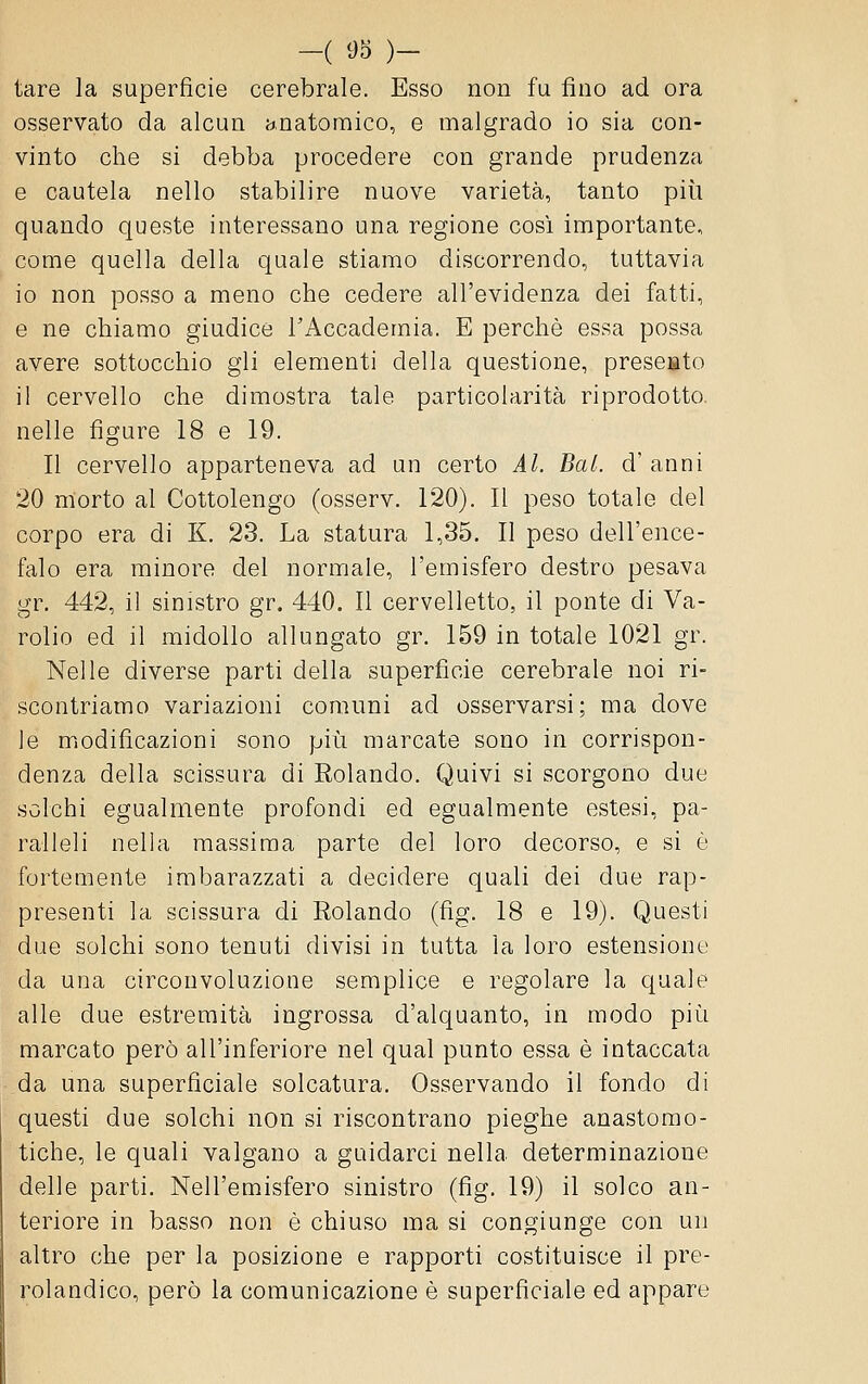 tare la superficie cerebrale. Esso non fu fino ad ora osservato da alcun anatomico, e malgrado io sia con- vinto che si debba procedere con grande prudenza e cautela nello stabilire nuove varietà, tanto più quando queste interessano una regione cosi importante, come quella della quale stiamo discorrendo, tuttavia io non posso a meno che cedere all'evidenza dei fatti, e ne chiamo giudice TAccademia. E perchè essa possa avere sottocchio gli elementi della questione, preseato il cervello che dimostra tale particolarità riprodotto nelle figure 18 e 19. Il cervello apparteneva ad un certo AL Bai. d'anni 20 morto al Cottolengo (osserv. 120). Il peso totale del corpo era di K. 23. La statura 1,35. Il peso dell'ence- falo era minore del normale, l'emisfero destro pesava gr, 442, il sinistro gr. 440. Il cervelletto, il ponte di Va- rolio ed il midollo allungato gr. 159 in totale 1021 gr. Nelle diverse parti della superficie cerebrale noi ri- scontriamo variazioni comuni ad osservarsi; ma dove le modificazioni sono più marcate sono in corrispon- denza della scissura di Rolando. Quivi si scorgono due solchi egualmente profondi ed egualmente estesi, pa- ralleli nella massima parte del loro decorso, e si è fortemente imbarazzati a decidere quali dei due rap- presenti la scissura di Rolando (fig. 18 e 19). Questi due solchi sono tenuti divisi in tutta la loro estensione da una circonvoluzione semplice e regolare la quale alle due estremità ingrossa d'alquanto, in modo più marcato però all'inferiore nel qual punto essa è intaccata da una superficiale solcatura. Osservando il fondo di questi due solchi non si riscontrano pieghe anastorao- tiche, le quali valgano a guidarci nella determinazione delle parti. Nell'emisfero sinistro (fig. 19) il solco an- teriore in basso non è chiuso ma si congiunge con un altro che per la posizione e rapporti costituisce il pre- rolandico, però la comunicazione è superficiale ed appare