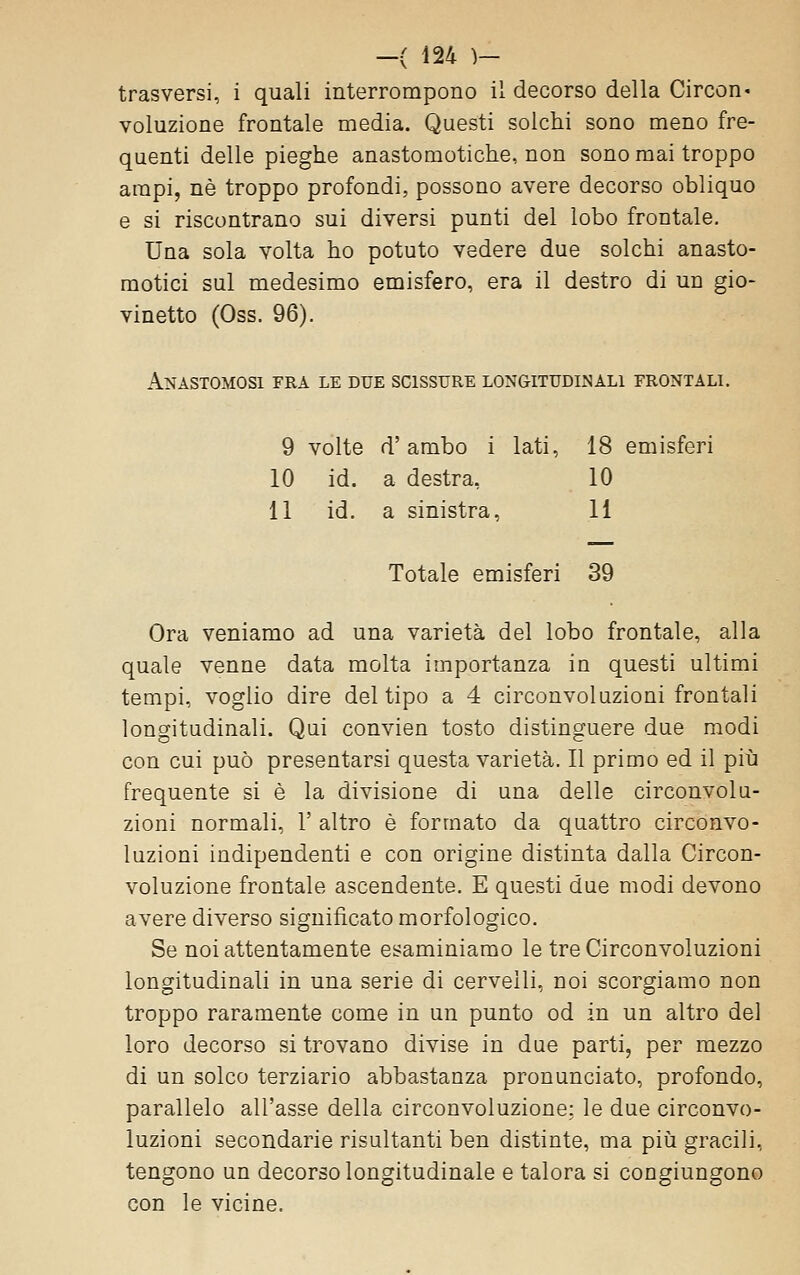 trasversi, i quali interrompono il decorso della Circon* voluzione frontale media. Questi solchi sono meno fre- quenti delle pieghe anastomotiche, non sono mai troppo arapi, né troppo profondi, possono avere decorso obliquo e si riscontrano sui diversi punti del lobo frontale. Una sola volta ho potuto vedere due solchi anasto- motici sul medesimo emisfero, era il destro di un gio- vinetto (Oss. 96). Anastomosi fra le due scissure longitudinali frontali. 9 volte d'ambo i lati, 18 emisferi 10 id. a destra, 10 11 id. a sinistra, 11 Totale emisferi 39 Ora veniamo ad una varietà del lobo frontale, alla quale venne data molta importanza in questi ultimi tempi, voglio dire del tipo a 4 circonvoluzioni frontali longitudinali. Qui convien tosto distinguere due modi con cui può presentarsi questa varietà. Il primo ed il piìi frequente si è la divisione di una delle circonvolu- zioni normali, 1' altro è formato da quattro circonvo- luzioni indipendenti e con origine distinta dalla Circon- voluzione frontale ascendente. E questi due modi devono avere diverso significato morfologico. Se noi attentamente esaminiamo le tre Circonvoluzioni longitudinali in una serie di cervelli, noi scorgiamo non troppo raramente come in un punto od in un altro del loro decorso si trovano divise in due parti, per mezzo di un solco terziario abbastanza pronunciato, profondo, parallelo all'asse della circonvoluzione: le due circonvo- luzioni secondarie risultanti ben distinte, ma piìi gracili, tengono un decorso longitudinale e talora si congiungono con le vicine.