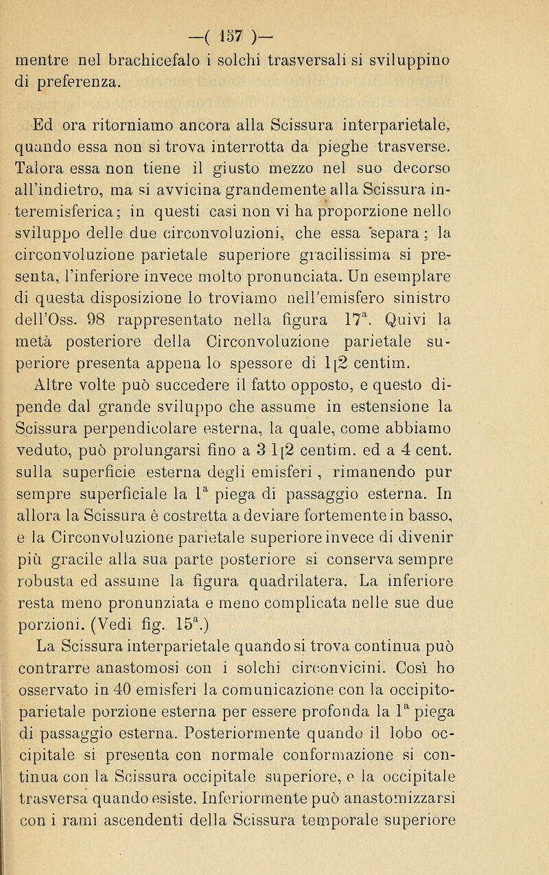 mentre nel brachicefalo i solchi trasversali si sviluppino di preferenza. Ed ora ritorniamo ancora alla Scissura interparietale, quando essa non si trova interrotta da pieghe trasverse. Talora essa non tiene il giusto mezzo nel suo decorso all'indietro, ma si avvicina grandemente alla Scissura in- teremisferica; in questi casi non vi ha proporzione nello sviluppo delle due circonvoluzioni, che essa separa; la circonvoluzione parietale superiore gracilissima si pre- senta, l'inferiore invece molto pronunciata. Un esemplare di questa disposizione lo troviamo nell'emisfero sinistro deU'Oss. 98 rappresentato nella figura 17*^. Quivi la metà posteriore della Circonvoluzione parietale su- periore presenta appena lo spessore di \\2 centim. Altre volte può succedere il fatto opposto, e questo di- pende dal grande sviluppo che assume in estensione la Scissura perpendicolare esterna, la quale, come abbiamo veduto, può prolungarsi fino a 3 1[2 centim. ed a 4 cent, sulla superficie esterna degli emisferi , rimanendo pur sempre superficiale la P piega di passaggio esterna. In allora la Scissura è costretta a deviare fortemente in basso, e la Circonvoluzione parietale superiore invece di divenir più gracile alla sua parte posteriore si conserva sempre robusta ed assume la figura quadrilatera. La inferiore resta meno pronunziata e meno complicata nelle sue due porzioni. (Vedi fig. 15*.) La Scissura interparietale quando si trova continua può contrarre anastomosi con i solchi circonvicini. Così ho osservato in 40 emisferi la comunicazione con la occipito- parietale porzione esterna per essere profonda la 1*^ piega di passaggio esterna. Posteriormente quando il lobo oc- cipitale si presenta con normale conformazione si con- tinua con la Scissura occipitale superiore, e la occipitale trasversa quando esiste. Inferiormente può anastomizzarsi