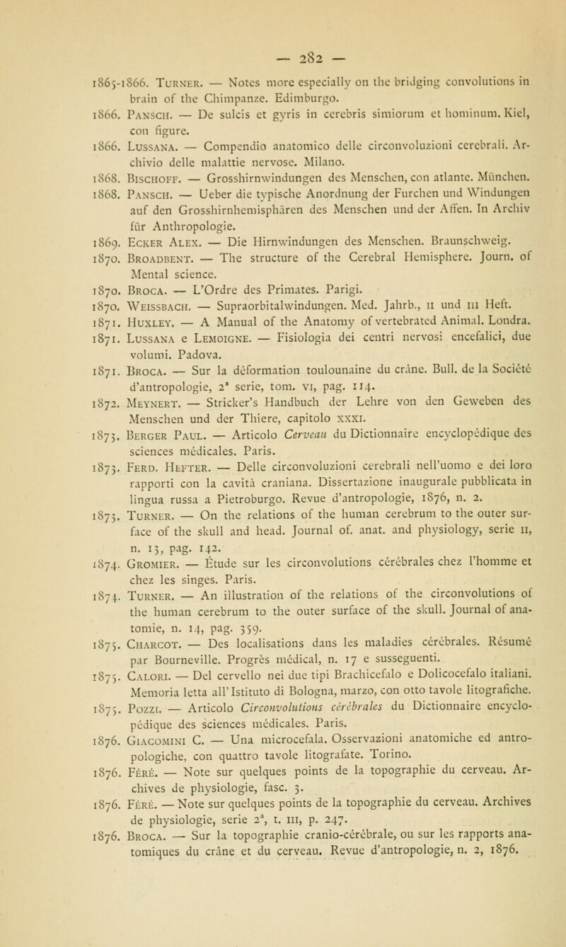 1865-1866. Turner. — Notes moro especially on the bridging convolutions in brain of the Chimpanze. Edimburgo. 1866. Panscii. — De sulcis et gyris in cerebris simiorum et hominum. Kiel, con figure. 1866. Lussaxa. — Compendio anatomico delle circonvoluzioni cerebrali. Ar- chivio delle malattie nervose. Milano. 1868. Bischoff. — Grosshirnwindungen des Menschen, con atlante. Mùnchen. 1868. PANSCH. — Ueber die typische Anordnung der Furchen und Windungen auf den Grosshirnhcmisphàren des Menschen und der Affen. In Archiv fùr Anthropologie. 1869. Ecker Alex. — Die Hirnwindungen des Menschen. Braunschweig. 1870. Broadbent. — The structure of the Cerebral Hemisphere. Journ. of Mental science. 1S70. Broca. — L'Ordre des Primates. Parigi. 1870. Weissbach. — Supraorbitalwindungen. Med. Jahrb., 11 und in Heft. 1871. Huxley. — A Manual of the Anatomy of vertebrated Animai. Londra. 1871. Lussana e Lemoigne. — Fisiologia dei centri nervosi encefalici, due volumi. Padova. 1871. Broca. — Sur la déformation toulounaine du cràne. Bull, de la Sociétó d'antropologie, 2* serie, toni, vi, pag. 114. 1872. Meynert. — Stricker's Handbuch der Lehre von den Geweben des Menschen und der Thiere, capitolo xxxi. 1873. Berger Paul. — Articolo Cerveau du Dictionnaire encyclopédique des sciences médicales. Paris. 1873. Ferd. Hefter. — Delle circonvoluzioni cerebrali nell'uomo e dei loro rapporti con la cavità craniana. Dissertazione inaugurale pubblicata in lingua russa a Pietroburgo. Revue d'antropologie, 1876, n. 2. 1873. Turner. — On the relations of the human cerebrum to the outer sur- face of the skull and head. Journal of. anat. and physiology, serie 11, n. 15, pag. 142. 1874. Gromier. — Étude sur les circonvolutions cérébrales chez l'homme et chez les singes. Paris. 1874. Turner. — An illustration of the relations of the circonvolutions of the human cerebrum to the outer surface of the skull. Journal of ana- tomie, n. 14, pag. 359. 1875. Charcot. — Des localisations dans les maladies cérébrales. Résumé par Bourneville. Progrès medicai, n. 17 e susseguenti. 1875. Calori. — Del cervello nei due tipi Brachicefalo e Dolicocefalo italiani. Memoria letta all'Istituto di Bologna, marzo, con otto tavole litografiche. 1875. Pozzi. — Articolo Circonvolutions cérébrales du Dictionnaire encyclo- pédique des sciences médicales. Paris. 1876. Giacomino C. — Una microcefala. Osservazioni anatomiche ed antro- pologiche, con quattro tavole litografate. Torino. 1876. Fere. — Note sur quelques points de la topographie du cerveau. Ar- chives de physiologie, fase. 3. 1876. Fere. — Note sur quelques points de la topographie du cerveau. Archives de physiologie, serie 2% t. in, p. 247. 1876. Broca. — Sur la topographie cranio-cérébrale, ou sur les rapports ana- tomiques du cràne et du cerveau. Revue d'antropologie, n. 2, 1876.