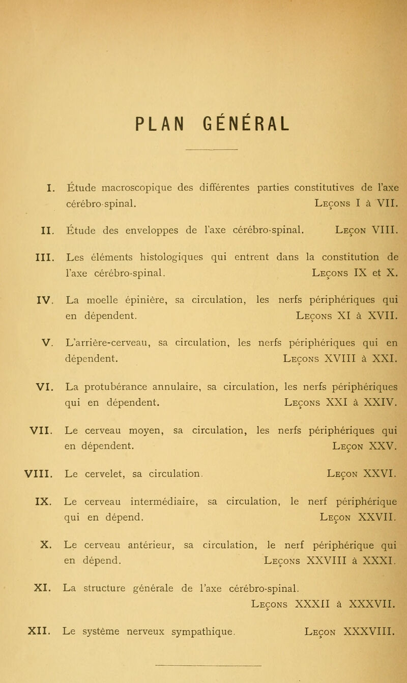 PLAN GÉNÉRAL I. Étude macroscopique des différentes parties constitutives de l'axe cérébro spinal. Leçons I à VII. II. Étude des enveloppes de l'axe cérébro-spinal. Leçon VIII. III. Les éléments histologiques qui entrent dans la constitution de l'axe cérébro-spinal. Leçons IX et X. IV. La moelle épinière, sa circulation, les nerfs périphériques qui en dépendent. Leçons XI à XVII. V. L'arrière-cerveau, sa circulation, les nerfs périphériques qui en dépendent. Leçons XVIII à XXI. VI. La protubérance annulaire, sa circulation, les nerfs périphériques qui en dépendent. Leçons XXI à XXIV. VII. Le cerveau moyen, sa circulation, les nerfs périphériques qui en dépendent. Leçon XXV. VIII. Le cervelet, sa circulation. Leçon XXVI. IX. Le cerveau intermédiaire, sa circulation, le nerf périphérique qui en dépend. Leçon XXVII. X. Le cerveau antérieur, sa circulation, le nerf périphérique qui en dépend. Leçons XXVIII à XXXI. XI. La structure générale de l'axe cérébro-spinal. Leçons XXXII à XXXVII.