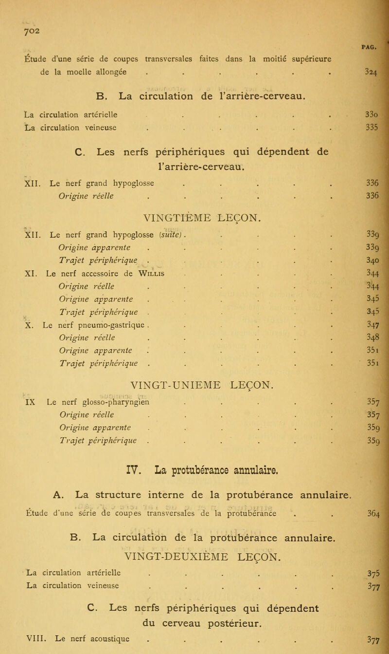 Étude d'une série de coupes transversales faites dans la moitié supérieure de la moelle allongée ...... B. La circulation de l'arrière-cerveau. La circulation artérielle ..... La circulation veineuse . ... C. Les nerfs périphériques qui dépendent de l'arrière-cerveau. 324 335 XII. Le nerf grand hypoglosse 336 Origine réelle ..... 336 VINGTIÈME LEÇON. XII. Le nerf grand hypoglosse [suite).... 339 Origine apparente 339 Trajet périphérique 340 XI. Le nerf accessoire de Willis 344 Origine réelle 344 Origine apparente 345 Trajet périphérique . 345 X. Le nerf pneumo-gastrique . 347 Origine réelle 348 Origine apparente 351 Trajet périphérique . 35i VINGT-UNIEME LEÇON. IX Le nerf glosso-pharyngien .... 357 Origine réelle ..... 357 Origine apparente ..... 359 Trajet périphérique . . 35ii IV. La protubérance annulaire. A. La structure interne de la protubérance annulaire. Etude d'une série de coupes transversales de la protubérance B. La circulation de la protubérance annulaire. VINGT-DEUXIÈME LEÇON. La circulation artérielle ...... La circulation veineuse ...... C. Les nerfs périphériques qui dépendent du cerveau postérieur. VIII. Le nerf acoustique ...... 364 375 377 377