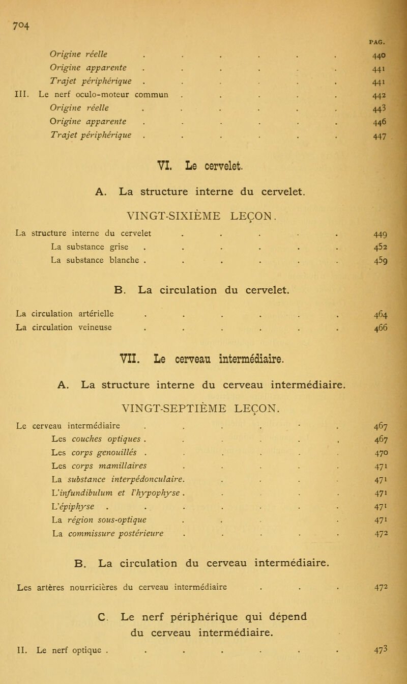 III. PAG. Origine réelle ..... 440 Origine apparente ..... 441 Trajet périphérique ..... 441 nerf oculo-moteur commun .... 442 Origine réelle ..... 443 Origine apparente ..... 446 Trajet périphérique ..... 447 VI. Le cervelet. A. La structure interne du cervelet. VINGT-SIXIÈME LEÇON. La structure interne du cervelet .... La substance grise ..... La substance blanche ..... 449 452 459 La circulation du cervelet. La circulation artérielle La circulation veineuse 464 466 Vil. Le cerveau intermédiaire. A. La structure interne du cerveau intermédiaire. VINGT-SEPTIEME LEÇON. Le cerveau intermédiaire Les couches optiques . Les corps genouillés . Les corps mamillaires La substance interpédonculaire Vinfundibulum et Vhypophyse Uépiphyse La région sous-optique La commissure postérieure 467 467 470 471 471 47 > 47' 471 472 B. La circulation du cerveau intermédiaire. Les artères nourricières du cerveau intermédiaire 472 C. Le nerf périphérique qui dépend du cerveau intermédiaire. II. Le nerf optique ...... 473