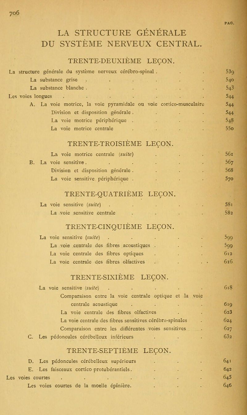 LA STRUCTURE GENERALE DU SYSTÈME NERVEUX CENTRAL. TRENTE-DEUXIÈME LEÇON. La structure générale du système nerveux cérébro-spinal . La substance grise ..... La substance blanche ..... Les voies longues ...... 539 540 543 544 A. La voie motrice, la voie pyramidale ou voie cortico-musculaire 544 Division et disposition générale .... 544 La voie motrice périphérique .... 548 La voie motrice centrale TRENTE-TROISIÈME LEÇON. La voie motrice centrale [suite] . . . 56i B. La voie sensitive...... 567 Division et disposition générale .... 568 La voie sensitive périphérique .... 570 TRENTE-QUATRIÈME LEÇON. La voie sensitive (suite) . . . . . 581 La voie sensitive centrale .... 582 TRENTE-CINQUIÈME LEÇON. La voie sensitive (suite) ..... 599 La voie centrale des fibres acoustiques . . . 599 La voie centrale des fibres optiques . . . 612 La voie centrale des fibres olfactives . . . • 616 TRENTE-SIXIÈME LEÇON. La voie sensitive (suite) . . . . . 618 Comparaison entre la voie centrale optique et la voie centrale acoustique . . . . 619 La voie centrale des fibres olfactives . . 623 La voie centrale des fibres sensitives cérébro-spinales . 624 Comparaison entre les différentes voies sensitives . 627 C. Les pédoncules cérébelleux inférieurs . . . 632 TRENTE-SEPTIÈME LEÇON. D. Les pédoncules cérébelleux supérieurs . . . 641 E. Les faisceaux cortico protubérantiels. . . . 642 Les voies courtes ....... 645 Les voies courtes de la moelle épinière. . . . 646