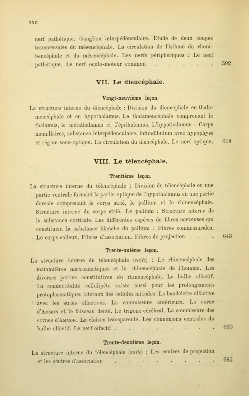 WII nerf pathétique. Ganglion interpédonculaire. Etude de deux coupes transversales du mésencéphale. La circulation de l'isthme du rliora- bencéphale et du mésencéphale. Les nerfs péripliériques : Le nerf pathétique. Le nerf oculo-moteur commun ..... 592 VII. Le diencépliale. Vingt-neuvième leçon. La structure interne du diencéphale : Division du diencéphale en thala- mencéphale et en liypothalamus. Le thalamencéphale comprenant le thalamus, le métathalamus et l'épithalamus. L'hypothalamus : Corps mamillaires, substance interpédonculaire, infundibulum avec hvpoph^'se et région sous-optique. La circulation du diencéphale. Le nerf optique. G18 VIII. Le télencéphale. Trentième leçon. La structure interne du télencéphale : Division du télencéphale en une partie ventrale fonnant la partie optique de l'hypothalamus en une partie dorsale comprenant le corps strié, le pallium et le rhinencéphale. Structure interne du corps strié. Le pallium : Structure interne de la substance corticale. Les diflërentes espèces de fibres nerveuses qui constituent la substance blanche du pallium : Fibres commissurales. ■ Le corps calleux. Fibres d'association. Fibres de projection . . 043 Trente-unième leçon. La structure interne du télencéphale [suite) : Le rhinencéphale des mammifères macrosmatiques et le rhinencéphale de l'homme. Les diverses parties constitutives du rhinencéphale. Le bulbe olfoctif. La conductibilité cellulipète existe aussi pour les prolongements protoplasmatiques latéraux des cellules mitrales. La bandelette olfactive avec les stries olfactives. La commissure antérieure. La corne d'ÀMMON et le faisceau denté. Le trigone cérébral. La commissure des cornes d'AMMON. La cloison transparente. Les connexions centrales du bulbe olfactif. Le nerf olfactif GGO Trente-deuxième leçon. La structure interne du télencéphale (suite) : Les centres de projection et les centres d'association ...••••• C8o