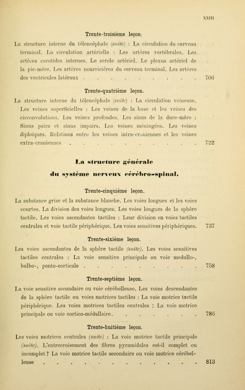 Trente-troisième leçon, La stnioturo iiitonio du télciutépluilo {suite) : La circulation du cerveau tcnuinaL I^a circulation artéi'ielle : Les artères vertébrales. Les artèi'os carotides internes. Le cercle artériel. Le plexus ai'tériel de la pic-mère. Les artères noui'ricièrcs du cerveau terminal. Les artères des ventricules latéraux ......... 706 Trente-quatrième leçon. La structure interne du télencéphale {suite) : La circulation veineuse. Les veines superficielles : Les veines de la base et les veines des circonvolutions. Les veines profondes. Les sinus de la dure-mère : Sinus pairs et sinus imi)airs. Los veines méningées. Les veines diploïques. iiclations enti'c les veines intra-craniennes et les veines extra-crâniennes .......... 722 ILa slrueUire générale du système nerveux eérébro-spinal. Trente-cinquième leçon. La substance grise et la substance blanche. Les voies longues et les voies courtes. La division des voies longues. Les voies longues de la sphère tactile. Les voies ascendantes tactiles : Leur division en voies tactiles centrales et voie tactile périphérique. Les voies sensitives périphériques. 737 Trente-sixième leçon. Les voies ascendantes de la sphère tactile (suite). Les voies sensitives tactiles centrales : La voie sensitive principale ou voie medullo-, bulbo-, ponto-corticale .......... 758 Trente-septième leçon. I,a voie sensitive secondaire ou voie cérébelleuse. Les voies descendantes de la sphère tactile ou voies motrices tactiles : La voie motrice tactile périphérique. Les voies motrices tactiles centrales : La voie motrice principale ou voie cortico-médullaire. ...... 78G Trente-huitième leçon. Les voies motrices centrales [suite] : La voie motrice tactile principale (suite). L'entrecroisement des fibres pyramidales est-il complet ou incomplet ? La voie motrice tactile secondaire ou voie motrice cérébel- leuse 813