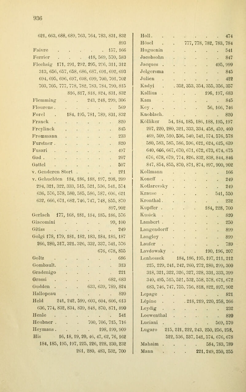 621,663,688 689,763, 764, 783,831,832 Holl. 474 893 Hosel 777, 778, 782, 783, 784 Faivre .... . 157, 166 Hugucnin . 541 Fcrricr . . .418, 569, 570, 583 Jacobsohn . 847 Flechsig 171,291,292,295, 296,311,312 Jacques . 495, 999 313, 656, 657, 658, 686, 687 ,691,692,693 Jelgcrsma . 845 694, 695, 696,697, 698,699 ,700,701,702 Julien 422 703, 705, 777, 778, 782, 783 ,784, 790,815 Kadyi 352 353, 354 355,356,357 816,817,818, 824,831, 832 Kallius . 196, 197, 683 Flemming . . 243, 248, 299, 306 Kam . 845 Flourens .... . 569 Key . 56, 166, 746 Fore! . 184, 195, 781, 789, 831,832 Knoblach. . 820 l^'ranck .... . 820 Kulliker 54, 184, 185, 186, 188,195, 197 Froylinck 845 207, 220, 280, 321, 333, 334 458,459,460 Frommann 233 469, 509, 510 536, 540, 541 574, 576, 578 Fur.stncr . 820 580, 583, 585, 586, 596, 621, 624, 625, 639 Fusari 497 640, 666, 667, 670 671, 672 673, 674, 675 Gad . 207 676, 678, 679, 774 826, 832 838, 844, 846 Galtel 507 847,854, 855, 870 871, 874 897, 900, 902 V. Genderen Stort . 221 Kollmann . 166 V. Gehuchten 184, 186, 188, 197, 208, 209 Koneff' . . 249 294,321,322,333,515, 521, 536, 541, 574 Kotlarevsk y • . 249 636, 576, 578, 580, 585, 586, 587, 606, 621 Krause 541, 550 632, 666,671,682.746,747, 748, 855, 870 897,902 Kronlhal. Kupffer . . 232 184, 228, 700 Gerlach 177, 168, 181, 184, 185, 186, 576 Kusick . . 820 Giacomini 99, 100 Lambert . . 250 Gitiss .... . 249 Langendorlf . . 899 Golgi 178, 179, 181, 182, 183, 184, 186, 187 Langloy . . 899 266,280,317,321,326, 332, 337, 541, 576 676, 678, 855 Laufer Lavdowskj . 789 190, 196, 207 Goltz .... . 686 Lenhossek 184 186, 195 197,211,212 Gonibault. . 313 225, 229 241 242 260, 272 280, 299, 300 Gradenigo 221 318,321, 322 326 327, 328 331,333,399 Grassi .... 682, 683 340,495, 515 521 532, 558 578,671,672 Gudden . . . 633, 639, 789, 824 683,746, 747 755 7.56, 818 822, 897, 902 Hallopeau . 820 Lepage . . 821 Held 241, 242, 599, 603, 604, 606, 613 Lépine 218, 219 220,258,266 636, 774, 832, 834, 839, 848, 870, 871, 890 Leydig . . 232 Henle .... . 541 Loewenthal . 820 Heabner . . . 700, 706, 715, 716 Luciani . . 569, 570 Heymans.... 198,199, 909 Lugaro 215, 221, 222, î >43. 250, 256, 258, His 16,18, 19, 20, 46, 47, 62, 76, 162 522, 536, 537, 541, 574, 676, 678 184,185,195,197,225,226 , 228,230,232 Mahaim . 584, 783, 789 261, 5 J80, 483, 5 32, 700 Mann 221 249, 250, 255