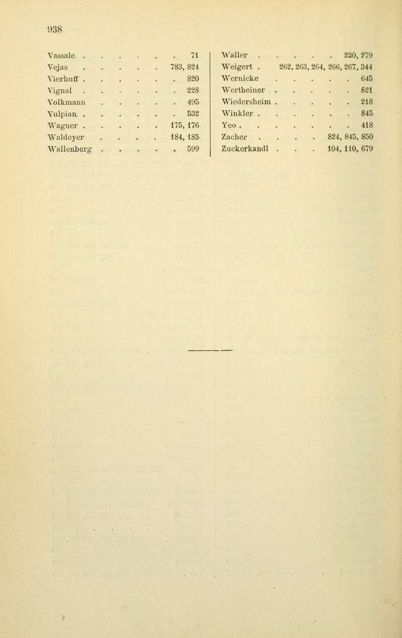 1)38 Vassale . Vejas Vierhuflf . Vignal Volkmann Vulpian. . Wagner . Waldeyer 71 Waller 230,279 783, 824 Weigert . 262, 263, 264, 266, 267, 344 . 820 Wernicke 645 . 228 Werllieiner 821 . 495 Wiedersheim 218 . 532 Winkler 845 175, 176 Yeo 418 184, 185 Zacher .... 824, 845, 850