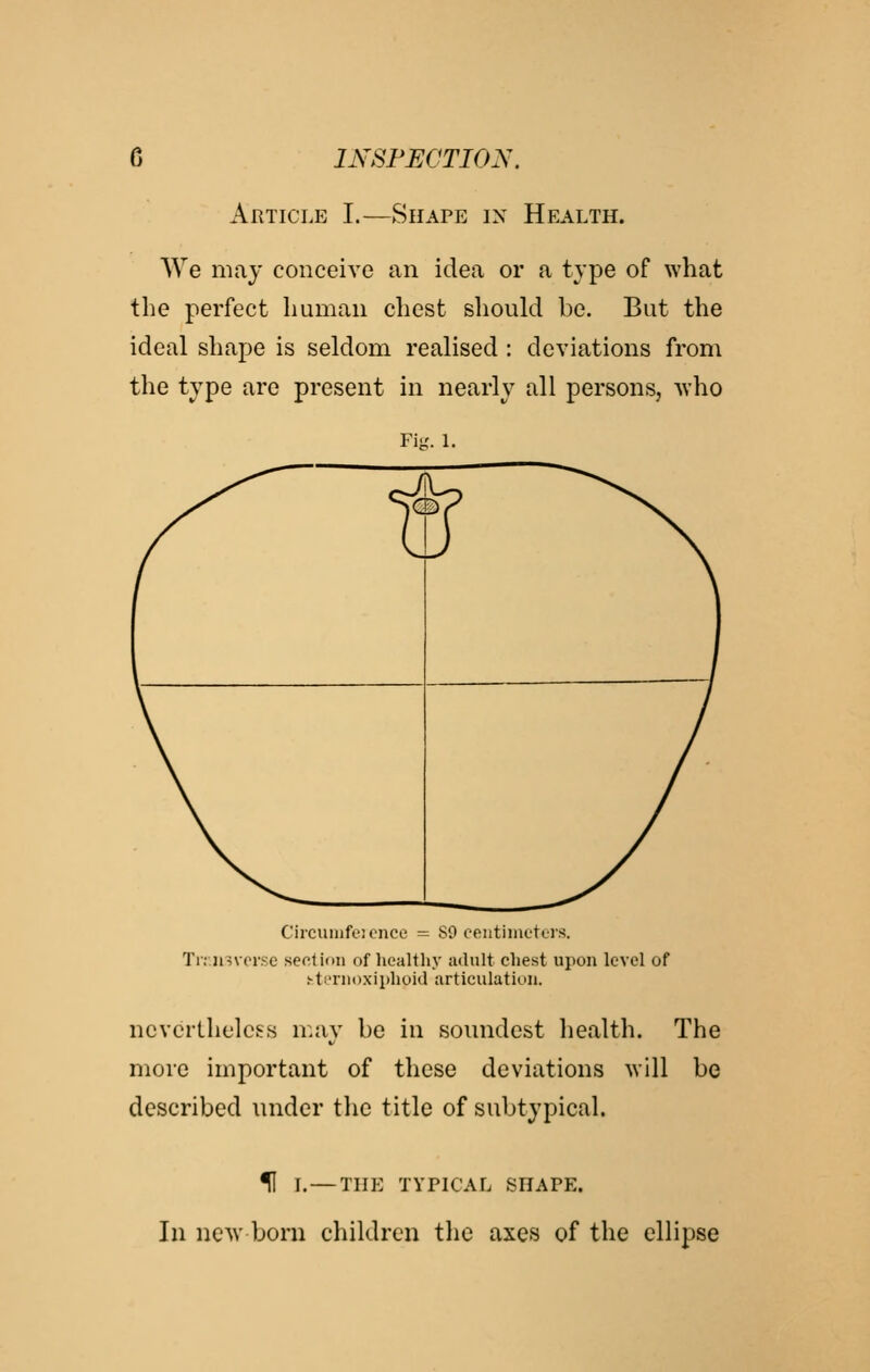 Article I.—Shape ix Health. We may conceive an idea or a type of what the perfect human chest should be. But the ideal shape is seldom realised : deviations from the type are present in nearly all persons, who Fi.'. I. Circumfeionce = SO eeiitimetLis. Tr.-.jisversc seel ion of healthy adult chest upon level of !-teriioxii)hoid articulation. nevertheless may be in soundest health. The more important of these deviations will be described under the title of subtypical. H L — THE TYPICAL SHAPE. In new born children the axes of the ellipse