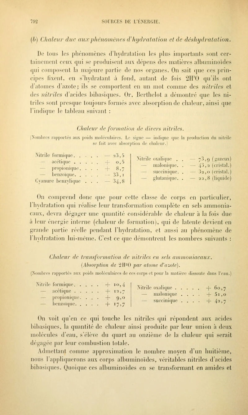 [b] Chaleur duc aux phénomènes cVhijdratation et de déshydratation. De tous les phénomènes d'hydratalion les plus importants sont cer- tainement ceux qui se produisent aux dépens des matières albuminoïdes qui composent la majeure partie de nos organes. On sait que ces prin- cipes fixent, en s'iiydratant à fond, autant de fois 2H'0 qu'ils ont d'atomes d'azote; ils se comportent en un mot comme des nitr'des et des nitriles d'acides bibasiques. Or. Berthclot a démontré que les ni- triles sont presque toujours formés avec absorption de chaleur, ainsi que l'indique le tableau suivant : Chaleur de formation de divers nitriles. (Nombres rapportés aux poitls moléculaires. Le signe — iiulique que la production du nitiile se fait avec alisorptiou de chaleur.) Mtrile formiquc. . — acétique . . — propionique. — benzoïque. . Cyanure benzylique — 23,5 -{- 0,5 + 8,7 — 33,1 — 34,8 Mtrile oxalique . — malonique. — succinique. — glutanique. — 73,9 (gazeux) — 4^,2. (cristal.) — 32,0 (cristal.) — 22,8 (liquide) On comprend donc que pour cette classe de corps en particulier, l'hydratation qui réalise leur transformation complète en sels ammonia- caux, devra dégaj^er une quantité considérable de chaleur à la fois due à leur énergie interne (chaleur de formation), qui de latente devient en grande partie réelle pendant l'hydratation, et aussi au phénomène de l'hydratation lui-même. C'est ce que démontrent les nombres suivants : S'itrile oxalique . . . • . +60,7 — malonique . . . . + 5i,o — succmique , . • • + 42,7 Chaleur de transformation de nitriles en sels ammoniacaux. {Absorption de 2It-0 par atome d'azote). (Nombres rapportés aux ])oids moléculaires de ces corps et pour la matière dissoute dans l'eau.) Mtrile formique + 10,4 — acétique -\- \i,n — j)ropioni(jiie. ... + 9,0 — benzoïque +1717 On voit qu'en ce qui touche les nitriles qui répondent aux acides bibasiques, la quantité de chaleur ainsi produite par leur union ta deux molécules d'eau, s'élève du quart au onzième de la chaleur qui serait dégagée par leur combustion totale. Admettant comme approximation le nombre moyen d'un huitième, nous l'appliquerons aux corps albuminoïdes, véritables nitriles d'acides bibasiques. Quoique ces albuiTiinoïdes en se transformant en amides et