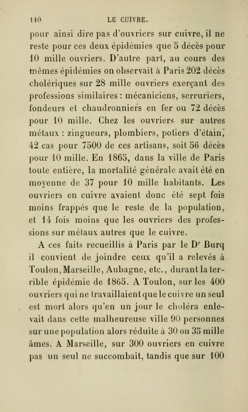 pour ainsi dire pas d'ouvriers sur cuivre, il ne reste pour ces deux épidémies que 5 décès pour 10 mille ouvriers. D'autre part, au cours des mêmes épidémies on observait à Paris 202 décès cholériques sur 28 mille ouvriers exerçant des professions similaires : mécaniciens, serruriers, fondeurs et chaudronniers en fer ou 72 décès pour 10 mille. Chez les ouvriers sur autres métaux : zingueurs, plombiers, potiers d'étain, 42 cas pour 7500 de ces artisans, soit 56 décès pour 10 mille. En 1865, dans la ville de Paris toute entière, la mortalité générale avait été en moyenne de 37 pour 10 mille habitants. Les ouvriers en cuivre avaient donc été sept fois moins frappés que le reste de la population, et 14 fois moins que les ouvriers des profes- sions sur métaux autres que le cuivre. A ces faits recueillis à Paris par le D' Burq il convient de joindre ceux qu'il a relevés à Toulon,Marseille, Aubagne, etc., durantlater- rible épidémie de 1865. A Toulon, sur les 400 ouvriers qui ne travaillaient que le cuivre un seul est mort alors qu'en un jour le choléra enle- vait dans cette malheureuse ville 90 personnes sur une population alors réduite à 30 ou 35 mille âmes. A iMarscille, sur 300 ouvriers en cuivre pas un seul ne succombait, tandis que sur 100