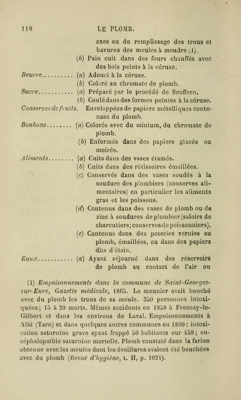 axes ou du remplissage des trous et bavures des meules à moudre yi). (6) Pain cuit dans des fours chauffes avec des bois peints à la céruse. Beurre [a) Adouci à la céruse. (b) Coluré au chromate de plomb. Sucre [a) Préparé par le procédé de Scoffcrn. (à) Coulé dans des formes peintes à la céruse. Conservesde fruits. Enveloppées de papiers métalliques conte- nant du plomb. Bonbons {a) Colores avec du minium, du chromate de plomb. (6) Enfermes dans des papiers glacés ou moirés. Alimeîits (a) Cuits dans des vases étamés. {b) Cuits dans des rôtissoires éniaillées. (c) Conservés dans des vases soudés à la soudure des plombiers (conserves ali- mentaires) en particulier les aliments gras et les poissons. (d) Contenus dans des vases de plomb ou de zinc à soudures de plombier (saloirs de charcutiers; conserves de poissonniers). (e) Contenus dans des poteries vernies au plomb, émaillées, ou dans des papiers dits détail). Eaux [a) Ayant séjourné dans des réservoirs de plomb au contact de l'air ou (1) Empoisonnements dans la commune de Saint-Georges- sur-Eure, Gazette médicale^ 18G5. Le meunier avait bouché avec du plomb les trous de sa meule. 350 personnes intoxi- quées; 15 à 20 morts. Mômes accidents en 1858 à Fresnay-le- Gilbert et dans les environs de Laval. Empoisonnements à Albi (Tarn) et dans quelques autres communes en 1880 : intoxi- cation saturnine grave ayant frappé 50 habitants sur i50 ; en- céphalopathic saturnine mortelle. Plomb constaté dans la farine obtenue avec les meules dont les éveillures avaient été bouchées avec du plomb [Revue d'hygiène, t. II, p. 102'»).