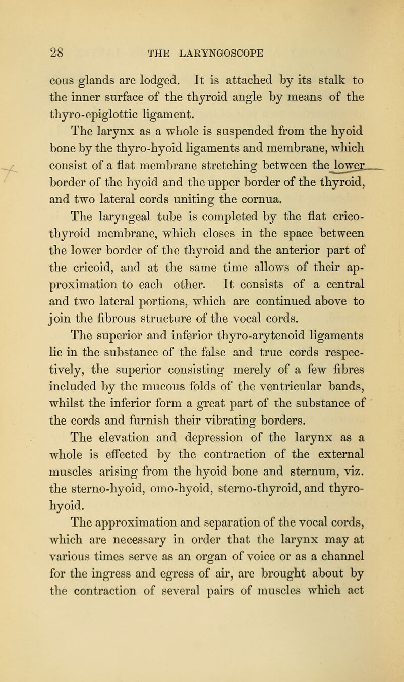 cous glands are lodged. It is attached by its stalk to the inner surface of the thyroid angle by means of the thyro-epiglottic ligament. The larynx as a whole is suspended from the hyoid bone by the thyro-hyoid ligaments and membrane, which consist of a flat membrane stretching between thej^w^ border of the hyoid and the upper border of the thyroid, and two lateral cords uniting the cornua. The laryngeal tube is completed by the flat crico- thyroid membrane, which closes in the space between the lower border of the thyroid and the anterior part of the cricoid, and at the same time allows of their ap- proximation to each other. It consists of a central and two lateral portions, which are continued above to join the fibrous structure of the vocal cords. The superior and inferior thyro-arytenoid ligaments lie in the substance of the false and true cords respec- tively, the superior consisting merely of a few fibres included by the mucous folds of the ventricular bands, whilst the inferior form a great part of the substance of the cords and furnish their vibrating borders. The elevation and depression of the larynx as a whole is effected by the contraction of the external muscles arising from the hyoid bone and sternum, viz. the sterno-hyoid, omo-hyoid, sterno-thyroid, and thyro- hyoid. The approximation and separation of the vocal cords, which are necessary in order that the larynx may at various times serve as an organ of voice or as a channel for the ingress and egress of air, are brought about by the contraction of several pairs of muscles which act