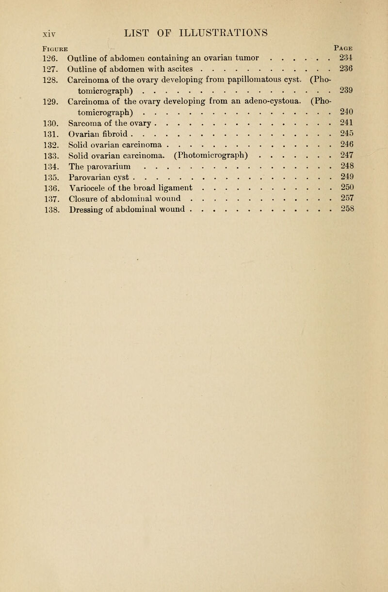 Figure Page 126. Outline of abdomen containing an ovarian tumor 234 127. Outline of abdomen with ascites 236 128. Carcinoma of the ovary developing from papillomatous cyst. (Pho- tomicrograph) 239 129. Carcinoma of the ovary developing from an adeno-cystoua. (Pho- tomicrograph) 240 130. Sarcoma of the ovary 241 131. Ovarian fibroid 245 132. Solid ovarian carcinoma 246 133. Solid ovarian carcinoma. (Photomicrograph) 247 134. The parovarium 248 135. Parovarian cyst 249 136. Variocele of the broad ligament 250 137. Closure of abdominal wound 257 138. Dressing of abdominal wound 258