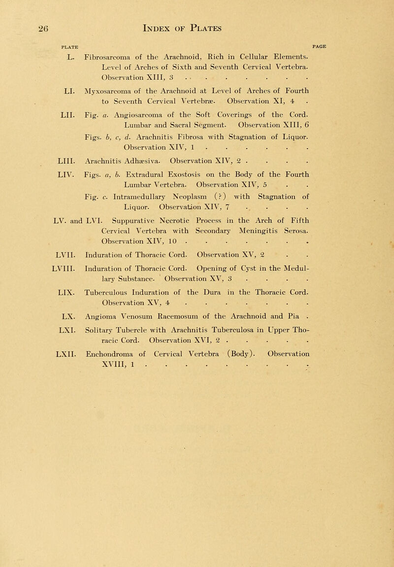 PLATE PAGE L. Fibrosarcoma of the Arachnoid, Rich in Cellular Elements. Level of Arches of Sixth and Seventh Cervical Vertebra. Observation XIII, 3 LI. iSIyxosarcoma of the Arachnoid at Level of Arches of Fourth to Seventh Cervical Vertebrae. Observation XI, 4 LII. Fig. a- Angiosarcoma of the Soft Coverings of the Cord Lumbar and Sacral Segment. Observation XIII, 6 Figs, b, c, d. Arachnitis Fibrosa with Stagnation of Liquor Observation XIV, 1 .... . LIII. Arachnitis Adhaesiva. Observation XIV, 2 . LIV. Figs, a, h- Extradural Exostosis on the Body of the Fourth Lumbar Vertebra. Observation XIV, 5 Fig. c. Intramedullary Neoplasm (?) with Stagnation of Liquor. Observation XIV, 7 LV. and LVI. Suppurative Necrotic Process in the Arch of Fifth Cervical Vertebra with Secondary Meningitis Serosa Observation XIV, 10 LVII. Induration of Thoracic Cord. Observation XV, 2 LVIII. Induration of Thoracic Cord. Opening of Cyst in the Medul lary Substance. Observation XV, 3 . . . LIX. Tuberculous Induration of the Dura in the Thoracic Cord Observation XV, 4 ..... . LX. Angioma Venosum Racemosum of the Arachnoid and Pia LXI. Solitary Tubercle with Arachnitis Tuberculosa in Upper Tho racic Cord. Observation XVI, 2 . LXII. Enchondroma of Cervical Vertebra (Body). Observation XVIII, 1