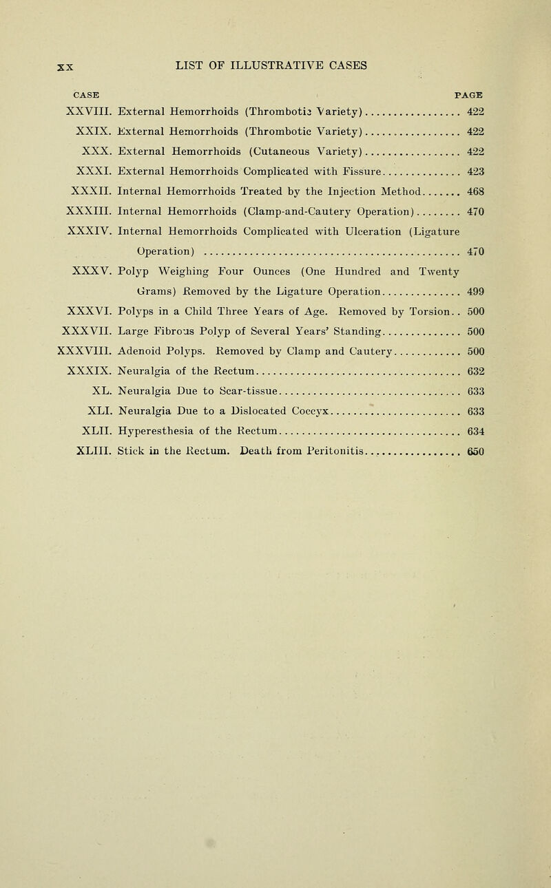 CASE . PAGE XXVIII. External Hemorrhoids (Thromboti3 Variety) 422 XXIX. External Hemorrhoids (Thrombotic Variety) 422 XXX. External Hemorrhoids (Cutaneous Variety) 422 XXXI. External Hemorrhoids Complicated with Fissure 423 XXXII. Internal Hemorrhoids Treated by the Injection Method 468 XXXIII. Internal Hemorrhoids (Clamp-and-Cautery Operation) 470 XXXIV. Internal Hemorrhoids Complicated with Ulceration (Ligature Operation) 470 XXXV. Polyp Weighing Four Ounces (One Hundred and Twenty Grams) Removed by the Ligature Operation 499 XXXVI. Polyps in a Child Three Years of Age. Removed by Torsion. . 500 XXXVII. Large Fibrous Polyp of Several Years' Standing 500 XXXVIII. Adenoid Polyps. Removed by Clamp and Cautery 500 XXXIX. Neuralgia of the Rectum 632 XL. Neuralgia Due to Scar-tissue . 633 XLI. Neuralgia Due to a Dislocated Coccyx 633 XLII. Hyperesthesia of the Rectum 634 XLIII. Stick in the Rectum. Death from Peritonitis 650