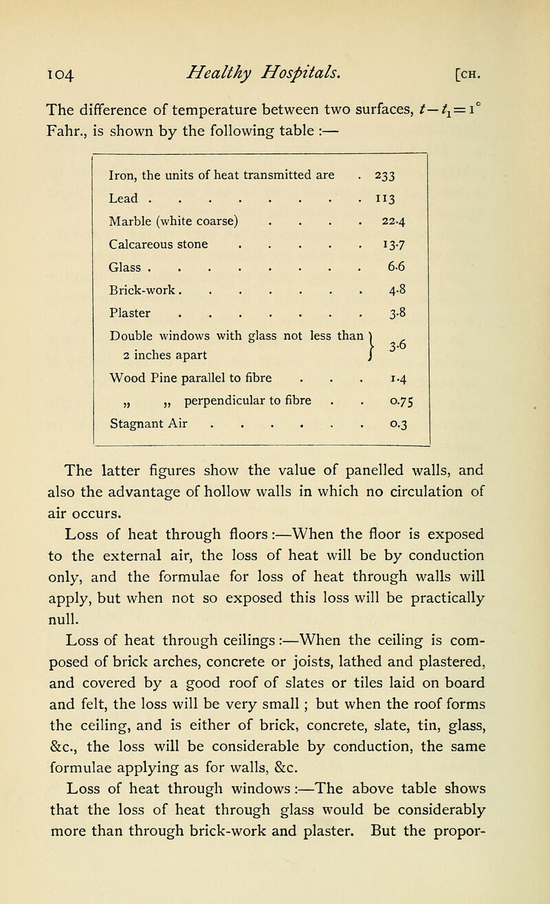 The difference of temperature between two surfaces, t—t^—\ Fahr., is shown by the following table :— Iron, the units of heat transmitted are . 233 Lead 113 Marble (white coarse) .... 22.4 Calcareous stone . . . . .137 Glass 6.6 Brick-work 4'8 Plaster 3-8 Double windows with glass not less than ) \ 3-6 2 inches apart J Wood Pine parallel to fibre . . . 1.4 „ „ perpendicular to fibre . . 0.75 Stagnant Air 0.3 The latter figures show the value of panelled walls, and also the advantage of hollow walls in which no circulation of air occurs. Loss of heat through floors:—When the floor is exposed to the external air, the loss of heat will be by conduction only, and the formulae for loss of heat through walls will apply, but when not so exposed this loss will be practically null. Loss of heat through ceilings:—When the ceiling is com- posed of brick arches, concrete or joists, lathed and plastered, and covered by a good roof of slates or tiles laid on board and felt, the loss will be very small; but when the roof forms the ceiling, and is either of brick, concrete, slate, tin, glass, &c., the loss will be considerable by conduction, the same formulae applying as for walls, &c. Loss of heat through windows :—The above table shows that the loss of heat through glass would be considerably more than through brick-work and plaster. But the propor-