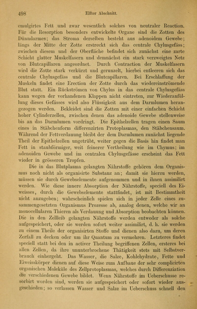 emulgirtes Fett und zwar wesentlicli solches von neutraler Reaction. Für die Resorption besonders entwickelte Organe sind die Zotten des Dünndarmes; das Stroma derselben besteht aus adenoidem Gewebe; längs der Mitte der Zotte erstreckt sich das centrale Chylusgefäss; zwischen diesem und der Oberfläche befindet sich zunächst eine zarte Schicht glatter Muskelfasern und demnächst ein stark verzweigtes Netz von Blutcapillaren angeordnet. Durch Contraction der Muskelfasern W'ird die Zotte stark verkürzt und gerunzelt, hierbei entleeren sich das centrale Chylusgefäss und die Blutcapillaren. Bei Erschlaffung der Muskeln findet eine Erection der Zotte durch das wiedereinströmende Blut statt. Ein Ptückströmen von Chylus in das centrale Chylusgefäss kann wegen der vorhandenen Klappen nicht eintreten, zur Wiederanfül- lung dieses Gefässes wird also Flüssigkeit aus dem Darmlumen heran- gezogen werden. Bekleidet sind die Zotten mit einer einfachen Schicht hoher Cylinderzellen, zwischen denen das adenoide Gewebe stellenweise bis an das Darmlumen vordringt. Die Epithelzellen tragen einen Saum eines in Stäbchenform differenzirten Protoplasmas, den Stäbchensaum. Während der Fettverdauung bleibt der dem Darmlumen zunächst liegende Theil der Epithelzellen ungetrübt, weiter gegen die Basis hin findet man Fett in staubförmiger, weit feinerer Vertheilung wie im Chymus; im adenoiden Gewebe und im centralen Chylusgefässe erscheint das Fett wieder in grösseren Tropfen. Die in das Blutplasma gelangten Nährstoffe gehören dem Organis- mus noch nicht als organisirte Substanz an; damit sie hierzu werden, müssen sie durch Gewebselemente aufgenommen und in ihnen assimilirt werden. Wie diese innere Absorption der Nährstoffe, speciell des Ei- weisses, durch die Gewebselemente stattfindet, ist mit Bestimmtheit nicht anzugeben; wahrscheinlich spielen sich in jeder Zelle eines zu- sammengesetzten Organismus Prozesse ab, analog denen, welche wir an monocellularen Thieren als Verdauung und Absorption beobachten können. Die in den Zellleib gelangten Nährstoffe werden entweder als solche aufgespeichert, oder sie werden sofort weiter assimilirt, d. h. sie werden zu einem Theile der organisirten Stoffe und dienen also dazu, um deren Zerfall zu decken oder um ihr Quantum zu vermehren. Letzteres findet speciell statt bei den in activer Theilung begriffenen Zellen, ersteres bei allen Zellen, da ihre ununterbrochene Thätigkeit stets mit Selbstver- brauch einhergeht. Das Wasser, die Salze, Kohlehydrate, Fette und Eiweisskörper dienen auf diese Weise zum Aufbaue der sehr complicirten organischen Moleküle des Zellprotoplasmas, welches durch Differenziation die verschiedenen Gewebe bildet. Wenn Nährstofle im Ueberschusse re- sörbirt worden sind, werden sie aufgespeichert oder sofort wieder aus- geschieden; so verlassen Wasser und Salze im Ueberschuss schnell den