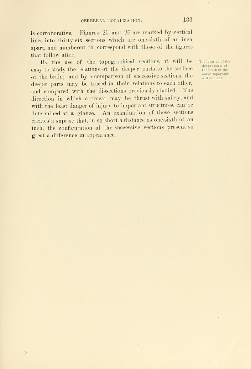 is corroborative. Figures 25 and 26 are marked by vertical lines into thirty-six sections, which are one-sixth of an inch apart, and numbered to correspond with those of the figures that follow aftei'. By the use of the topographical sections, it will be easy to study the relations of the deeper parts to the surface of the braio; and by a comparison of successive sections, the dee pel' parts may be traced in their relations to each other, and compared with the dissections previously studied The directiou in which a trocar may be thrust with safety, and with the least danger of injury to important structures, can be determined at a glance. An examination of these sections creates a suprise that, in so short a distance as one-sixth of an inch, tlie configuration of the successive sections present so great a difference in appearance. The location of the deeper parts of the brain by the aid of topOKraph- ical sections.