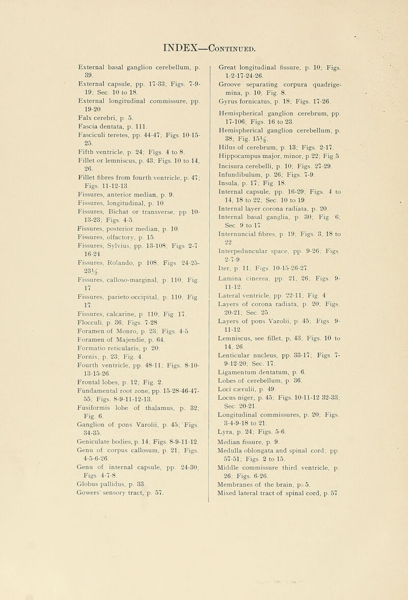 External basal ganglion cerebellum, p. 39. External capsule, pp. 17-33; Figs. 7-9- 19; Sec. 10 to 18. External longitudinal commissure, pp. 19-20. Falx cerebri, p. 5. Fascia dentata, p. 111. Fasciculi teretes, pp. 44-47; Figs. 10-15- 25. Fifth ventricle, p. 24; Figs. 4 to 8. Fillet or lemniscus, p. 43; Figs. 10 to 14, 26. Fillet fibres from fourth ventricle, p. 47; Figs. 11-12-13. Fissures, anterior median, p. 9. Fissures, longitudinal, p. 10. Fissures, Bichat or transverse, pp. 10- 13-23; Figs. 4-5. Fissures, posterior median, p. 10. Fissures, olfactory, p. 15. Fissures, Sylvius, pp. 13-108; Figs 2-7- 16-24. Fissures, Rolando, p. 108; Figs. 24-25- 231^. Fissures, calloso-marginal, p. 110; Fig. 17. Fissures, parieto-occipital, p. 110; Fig. 17. Fissures, calcarine, p. 110; Fig. 17. Flocculi, p. 36; Figs. 7-28, Foramen of Monro, p. 23; Figs. 4-5. Foramen of Majendie, p. 64. Formatio reticularis, p. 20. Fornix, p. 23; Fig. 4. Fourth ventricle, pp. 48-11; Figs. 8-10- 13-15-26. Frontal lobes, p. 12; Fig. 2. Fundamental root zone, pp. 15-28-46-47- 55; Figs. 8-9-11-12-13. Fusiformis lobe of thalamus, p. 32; Fig. 6. Ganglion of pons Varolii, p. 45; Figs. 34-35. Geniculate bodies, p. 14; Figs. 8-9-11-12. Genu of corpus callosum, p. 21; Figs. 4-5-6-26. Genu of internal capsule, pp. 24-30; Figs 4-7-8. Globus pallidus, p. 33. Cowers' sensory tract, p. 57. Great longitudinal fissure, p. 10; Figs. 1-2-17-24-26. Groove separating corpura quadrige- mina, p. 10; Fig. 8. Gyrus fornicatus, p. 18; Figs. 17-26. Hemispherical ganglion cerebrum, pp. 17-106; Figs. 16 to 23. Hemispherical ganglion cerebellum, p. 38; Fig. 151^. Hilus of cerebrum, p. 18; Figs. 2-17. Hippocampus major, minor, p.22; Fig.5. Incisura cerebelli, p. 10; Figs. 27-29. Infundibulum, p. 26; Figs, 7-9. Insula, p. 17; Fig. 18. Internal capsule, pp. 16-29; Figs. 4 to 14, 18 to 22; Sec. 10 to 19. Internal layer corona radiata, p. 20. Internal basal ganglia, p. 30; Fig. 6; Sec. 9 to 17. Internuncial fibres, p. 19; Figs. 3, 18 to 22. Interpeduncular space, pp. 9-26; Figs 2-7-9, Iter, p. 11; Figs. 10-15-26-27. Lamina cinerea, pp. 21, 26; Figs. 9- 11-12. Lateral ventricle, pp, 22-11; Fig. 4. Layers of corona radiata, p. 20; Figs. 20-21; Sec. 25. Layers of pons Varolii, p 45; Figs 9- 11-12. Lemniscus, see fillet, p. 43; Figs. 10 to 14, 26. Lenticular nucleus, pp. 33-17; Figs. 7- 9-12-20; Sec. 17. Ligamentum dentatum, p. 6. Lobes of cerebellum, p. 36. Loci cserulii, p. 49. Locus niger, p. 45; Figs. 10-11-12 32-33; Sec. 20-21. Longitudinal commissures, p. 20; Figs. 3-4-9-18 to 21. Lyra, p. 24; Figs. 5-6. Median fissure, p, 9, Medulla oblongata and spinal cord; pp, 57-51; Figs 2 to 15. Middle commissure third ventricle, p. 26; Figs. 6-26. Membranes of the brain, p. 5. Mixed lateral tract of spinal cord, p. 57.