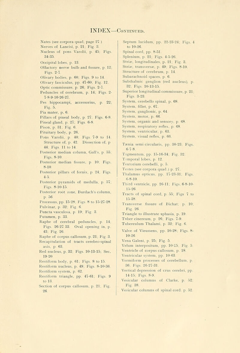 Nates (see corpora quad, page 27.) Nerves of Lancisi, p. 21; Fig. 3. Nucleus of pons Varolii, p. 45; Figs. 34-35. Occipital lobes, p. 13. Olfactory nerve bulb and fissure, p. 12; Figs, 2-7. Olivary bodies, p. 60; Figs. 9 to 14. Olivary fasciculus, pp. 47-60; Fig. 12. Optic commissure, p. 26; Figs. 2-7. Peduncles of cerebrum, p. 14; Figs. 2- 7-8-9-10-26-27. Pes hippocampi, accessorius, p. 22; Fig. 5. Pia mater, p. 6. Pillars of pineal body, p. 27; Figs. 6-8. Pineal gland, p. 27; Figs. 6-8. Pison, p. 31; Fig. 6. Pituitary body, p. 26. Pons Varolii, p 40; Figs, 7-9 to 14. Structure of, p. 42. Dissection of, p 44; Figs. 11 to 14. Posterior median column. Gall's, p. 55; Figs. 8-10, Posterior median fissure, p. 10; Figs, 8-10, Posterior pillars of fornix, p. 24; Figs, 4-5, Posterior pyramids of medulla, p, 57; Figs, 8-10-15, Posterior root zone, Burdach's column, p, 56, Processus, pp, 15-28; Figs. 8 to 15-27-28, Pulvinar, p, 32; Fig, 0, Puncta vasculosa, p, 19; Fig, 8, Putamen, p. 33. Raphe of cerebral peduncles, p. 14; Figs. 26-27 33. Oval opening in, p. 43; Fig. 26. Raphe of corpus callosura, p. 21; Fig. 3. Recapitulation of tracts cerebro-spinal axis, p. 63. Red nucleus, p. 32; Figs. 10-13-15; Sec. 19-20. Restiform body, p. 61; Figs. 8 to 15. Restiform nucleus, p. 49; Figs. 8-10-36. Restiform system, p. 62. Restiform triangle, pp. 47-61; Figs. 9 to 13. Section of corpus callosum, p. 21; Fig. 26. Septum lucidum, pp. 22-23-24; Figs. 4 to 10-26. Spinal cord, pp. 8-51. Splenium, p. 21; Figs. 4-5-26. Striae, longitudinales, p. 21; Fig. 3. Strife, transversEE, p. 49; Figs. 8-10. Structure of cerebrum, p. 14. Subarachnoid spaces, p. 6. Subthalmic ganglion (red nucleus), p. 32; Figs. 10-13-15. Superior longitudinal commissure, p. 21; Figs. 3-23. System, cerebello spinal, p. 68. System, fillet, p. 67. System, ganglionic, p. 64. System, motor, p. 66. System, organic and sensory, p. 68. System, respiratory reflex, p. 68. System, ventricular, p. 63. System, visual reflex, p. 66. Taenia semi circularis, pp. 30-23: Figs. 6-7-8. Tegmentum, pp. 15-16-34; Fig. 32. Temporal lobes, p. 12. Tentorium cerebelli, p. 5. Testes (see corpora quad.) p. 27. Thalamus opticus, pp. 17-23-31; Figs. 6-8-10. Third ventricle, pp. 26-11; Figs. 6-8-10- 1.V26. Tracts of spinal cord, p. 55; Figs 7 to 15-38. Transverse fissure of Bichat; p. 10; Fig. 26. Triangle to illustrate aphasia, p. 19, Tnber cinereum, p, 26; Figs, 7-9. Tubereulum Thalami, p. 32; Fig. 6. Valve of Vieussens, pp. 10-28; Figs. 8- 10-26. Vena Galeni, p. 25; Fig. 5. Velum interpositum, pp. 10-25; Fig. 5. Ventricle of corpus callosum, p. 18. Ventricular system, pp. 10-63. Vermiform processes of cerebellum, p. 36; Figs. 26-27-31. Vertical depression of crus cerebri, pp. 14-15; Figs. 8-9. Vesicular columns of Clarke, p. 52; Fig. 38. Vesicular columns of spinal cord. p. 52.