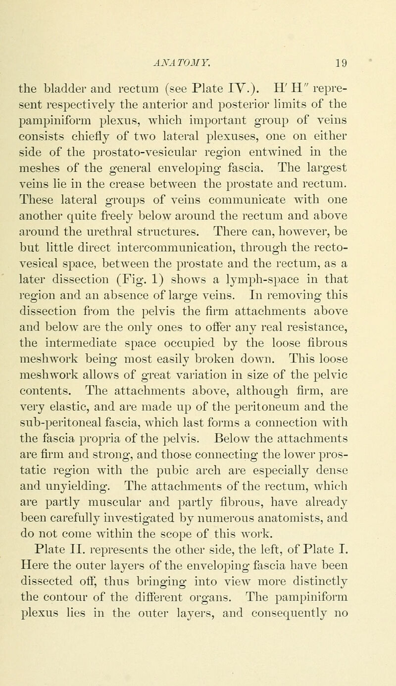 the bladder and rectum (see Plate IV.). H' H repre- sent respectively the anterior and posterior limits of the pampiniform plexus, which important group of veins consists chiefly of two lateral plexuses, one on either side of the prostato-vesicular region entwined in the meshes of the general enveloping fascia. The largest veins lie in the crease between the prostate and rectum. These lateral groups of veins communicate with one another quite freely below around the rectum and above around the urethral structures. There can, however, be but little direct intercommunication, through the recto- vesical space, between the prostate and the rectum, as a later dissection (Fig. 1) shows a lymph-space in that region and an absence of large veins. In removing this dissection from the pelvis the firm attachments above and below are the only ones to offer any real resistance, the intermediate space occupied by the loose fibrous meshwork being most easily broken down. This loose meshwork allows of great variation in size of the pelvic contents. The attachments above, although firm, are very elastic, and are made up of the peritoneum and the sub-peritoneal fascia, which last forms a connection with the fascia propria of the pelvis. Below the attachments are firm and strong, and those connecting the lower pros- tatic region with the pubic arch are especially dense and unyielding. The attachments of the rectum, which are partly muscular and partly fibrous, have already been carefully investigated by numerous anatomists, and do not come within the scope of this work. Plate II. represents the other side, the left, of Plate I. Here the outer layers of the enveloping fascia have been dissected off, thus bringing into view more distinctly the contour of the different organs. The pampiniform plexus lies in the outer layers, and consequently no