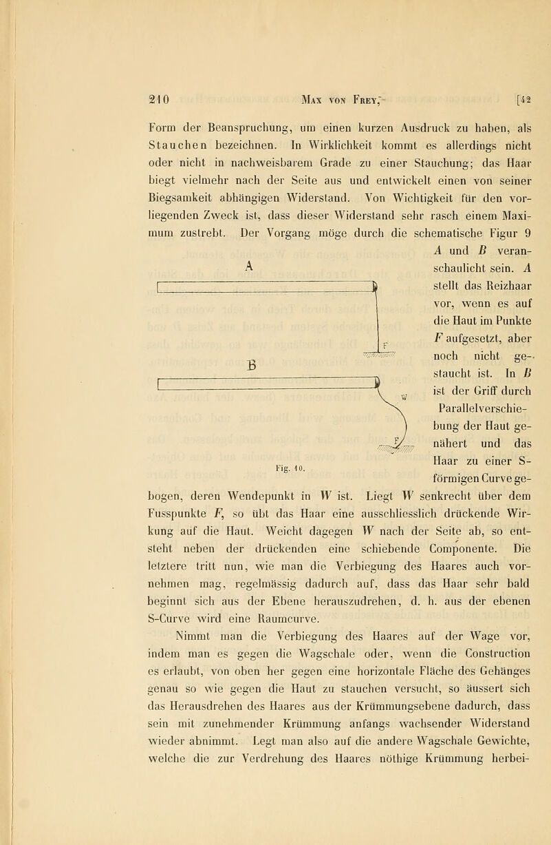 B F Form der Beanspruchung, um einen kurzen Ausdruck zu haben, als Stauchen bezeichnen. In WirkHchkeit kommt es allerdings nicht oder nicht in nachweisbarem Grade zu einer Stauchung; das Haar biegt vielmehr nach der Seite aus und entwickelt einen von seiner Biegsamkeit abhängigen Widerstand. Von Wichtigkeit für den vor- liegenden Zweck ist, dass dieser Widerstand sehr rasch einem Maxi- mum zustrebt. Der Vorgang möge durch die schematische Figur 9 A und B veran- A schaulicht sein. A stellt das Reizhaar vor, wenn es auf die Haut im Punkte F aufgesetzt, aber noch nicht ge-- staucht ist. In B ist der Griff durch Parallelverschie- bung der Haut ge- nähert und das Haar zu einer S- förmigen Curve ge- bogen, deren Wendepunkt in W ist. Liegt W senkrecht über dem Fusspunkte F, so übt das Haar eine ausschHesslich drückende Wir- kung auf die Haut. Weicht dagegen W nach der Seite ab, so ent- steht neben der drückenden eine schiebende Componente. Die letztere tritt nun, wie man die Verbiegung des Haares auch vor- nehmen mag, regelmässig dadurch auf, dass das Haar sehr bald beginnt sich aus der Ebene herauszudrehen, d. h. aus der ebenen S-Curve wird eine Raumcurve. Nimmt man die Verbiegung des Haares auf der Wage vor, indem man es gegen die Wagschale oder, wenn die Construction es erlaubt, von oben her gegen eine horizontale Fläche des Gehänges genau so wie gegen die Haut zu stauchen versucht, so äussert sich das Herausdrehen des Haares aus der Krümmungsebene dadurch, dass sein mit zunehmender Krümmung anfangs wachsender Widerstand wieder abnimmt. Legt man also auf die andere Wagschale Gewichte, welche die zur Verdrehung des Haares nöthige Krümmung herbei-