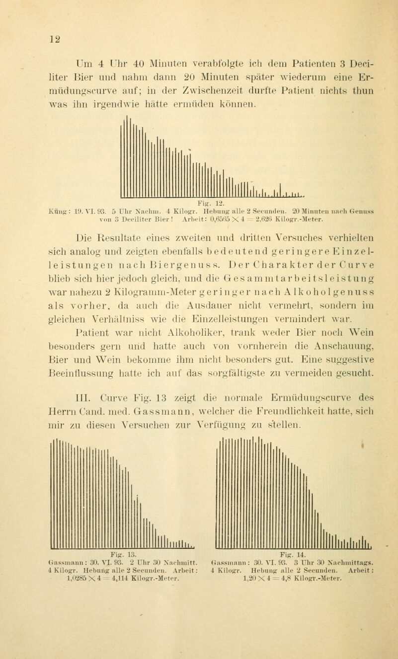 Um 4 Uhr 40 Minuten verabfolgte ich dein Patienten 3 Deci- liter liier und nahm dann 20 Minuten später wiederum eine Er- müdungscurve auf; in der Zwischenzeit durfte Patient nichts thun was ihn irgendwie hätte ermüden können. lll.li..l>l.i.hi.. Fi-. 1-.'. Küng': 19. VI. 93. 5 Ulir Xaclim. 4 Kilogr. Heliunj;'alle 2 Seciimleu. 2ü Minuten uafli (-ieiiuss von 3 Deeiliter Bier! Arbeit: 0,6565X4^2,626 Kilogr.-Meter. Die Ptesultate eines zweiten und (hütlen Versuches verhielten sich analog und zeigten ebenfalls bedeutend geringereEinzel- leistungen nach Biergenuss. Der Charakter der Curve blieb sich hier jedoch gleich, und die (jes am mt arbeit sielst ung war nahezu 2 Kilogramm-Meter geringer n ach A 1 k o h o 1 g e n u s s als vorher, da auch die Ausdauer nicht vermehrt, sondern im gleichen Verhältniss wie die Einzelleistungen vermindert war. Patient war nicht Alkoholikei'. trank weder Bier noch Wein besonders gern und hatte auch von vornherein die Anschauung, Bier und Wein bekomme ihm nicht besonders gut. Eine suggestive Beeinflussung hatte ich auf das sorgfältigste zu vermeiden gesucht. III. Curve Fig. 13 zeigt die normale Ermüdungscurve des Herrn Cand. med. Gassmann, welcher die Freundlichkeit hatte, sich mir zu diesen Versuchen zur Verfügung zu stellen. Iiiillii.. Fig-. 13. Gas.smaun: 30. VI. 93. 2 Ulir 30 Xaclnnitt. 4 Kilogr. Hebung alle 2 Secunden. Arbeit: 1,0285 X 4 = 4,114 Kilogr.-Meter. Illlllllllllll.. Fig. 14. f4assinann : .30. VI. 93. 3 Uhr 30 Nachmittags. 4 Kilogr. Hebung alle 2 Secunden. Arbeit: 1,20 X 4 = 4,8 Kilogi'.-Meter.