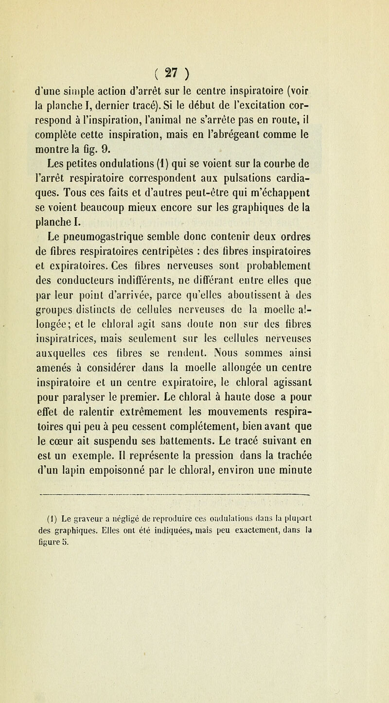 d'une simple action d'arrêt sur le centre inspiratoire (voir la planche I, dernier tracé). Si le début de l'excitation cor- respond à l'inspiration, l'animal ne s'arrête pas en route, il complète cette inspiration, mais en l'abrégeant comme le montre la fig. 9. Les petites ondulations (1) qui se voient sur la courbe de l'arrêt respiratoire correspondent aux pulsations cardia- ques. Tous ces faits et d'autres peut-être qui m'échappent se voient beaucoup mieux encore sur les graphiques de la planche I. Le pneumogastrique semble donc contenir deux ordres de fibres respiratoires centripètes : des fibres inspiratoires et expiratoires. Ces fibres nerveuses sont probablement des conducteurs indifférents, ne différant entre elles que par leur point d'arrivée, parce qu'elles aboutissent à des groupes distincts de cellules nerveuses de la moelle al- longée; et le chloral agit sans doute non sur des fibres inspiratrices, mais seulement sur les cellules nerveuses auxquelles ces fibres se rendent. Nous sommes ainsi amenés à considérer dans la moelle allongée un centre inspiratoire et un centre expiratoire, le chloral agissant pour paralyser le premier. Le chloral à haute dose a pour effet de ralentir extrêmement les mouvements respira- toires qui peu à peu cessent complètement, bien avant que le cœur ait suspendu ses battements. Le tracé suivant en est un exemple. Il représente la pression dans la trachée d'un lapin empoisonné par le chloral, environ une minute (1) Le graveur a négligé de reproJuire ces oiululalions clans la plupart des graphiques. Elles ont élé indiquées, mais peu exactement, dans la figure 5.