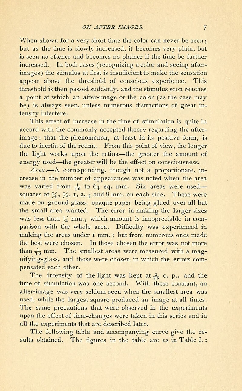 When shown for a very short time the color can never be seen; but as the time is slowly increased, it becomes very plain, but is seen no oftener and becomes no plainer if the time be further increased. In both cases (recognizing a color and seeing after- images) the stimulus at first is insufficient to make the sensation appear above the threshold of conscious experience. This threshold is then passed suddenly, and the stimulus soon reaches a point at which an after-image or the color (as the case may be) is always seen, unless numerous distractions of great in- tensity interfere. This effect of increase in the time of stimulation is quite in accord with the commonly accepted theory regarding the after- image : that the phenomenon, at least in its positive form, is due to inertia of the retina. From this point of view, the longer the light works upon the retina—the greater the amount of energy used—the greater will be the effect on consciousness. Area.—A corresponding, though not a proportionate, in- crease in the number of appearances was noted when the area was varied from Jg to 64 sq. mm. Six areas were used— squares of J^, y2, 1, 2, 4 and 8 mm. on each side. These were made on ground glass, opaque paper being glued over all but the small area wanted. The error in making the larger sizes was less than ^ mm., which amount is inappreciable in com- parison with the whole area. Difficulty was experienced in making the areas under 1 mm.; but from numerous ones made the best were chosen. In those chosen the error was not more than J? mm. The smallest areas were measured with a mag- nifying-glass, and those were chosen in which the errors com- pensated each other. The intensity of the light was kept at -^ c. p., and the time of stimulation was one second. With these constant, an after-image was very seldom seen when the smallest area was used, while the largest square produced an image at all times. The same precautions that were observed in the experiments upon the effect of time-changes were taken in this series and in all the experiments that are described later. The following table and accompanying curve give the re- sults obtained. The figures in the table are as in Table I.: