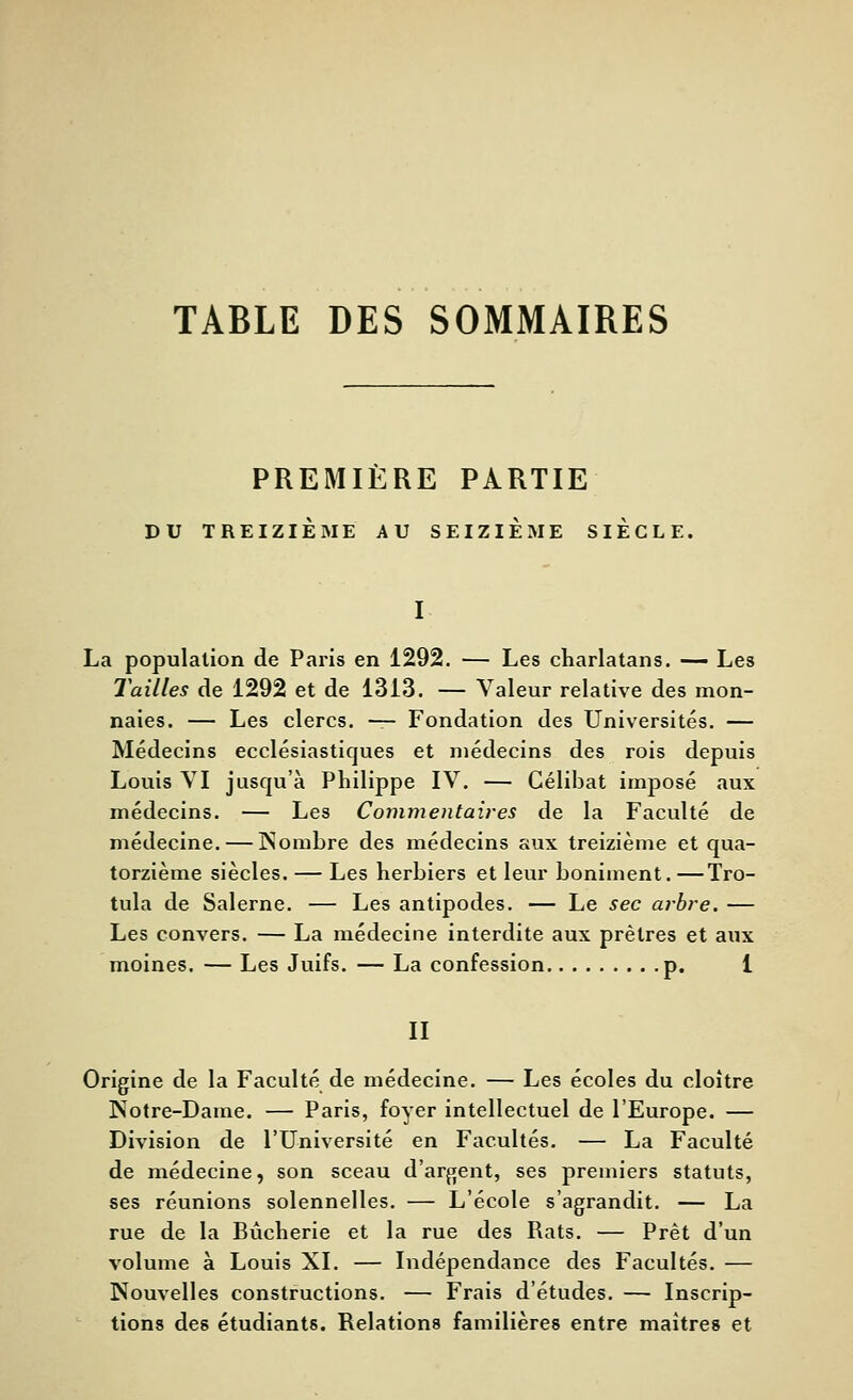 TABLE DES SOMMAIRES PREMIERE PARTIE DU TREIZIÈME AU SEIZIEME SIECLE. I La population de Paris en 1292. — Les charlatans. — Les Tailles de 1292 et de 1313. — Valeur relative des mon- naies. — Les clercs. — Fondation des Universités. — Médecins ecclésiastiques et niédecins des rois depuis Louis VI jusqu'à Philippe IV. — Célibat imposé aux médecins. — Les Commentaires de la Faculté de médecine. — Kombre des médecins aux treizième et qua- torzième siècles. — Les herbiers et leur boniment.—Tro- tula de Salerne. — Les antipodes. — Le sec arbre. — Les convers. — La médecine interdite aux prêtres et aux moines. — Les Juifs. — La confession p. 1 II Origine de la Faculté de médecine. — Les écoles du cloître Notre-Dame. — Paris, foyer intellectuel de l'Europe. — Division de l'Université en Facultés. — La Faculté de médecine, son sceau d'argent, ses premiers statuts, ses réunions solennelles. — L'école s'agrandit. — La rue de la Bùcherie et la rue des Rats. — Prêt d'un volume à Louis XI. — Indépendance des Facultés. — Nouvelles constructions. — Frais d'études. — Inscrip- tions des étudiants. Relations familières entre maîtres et